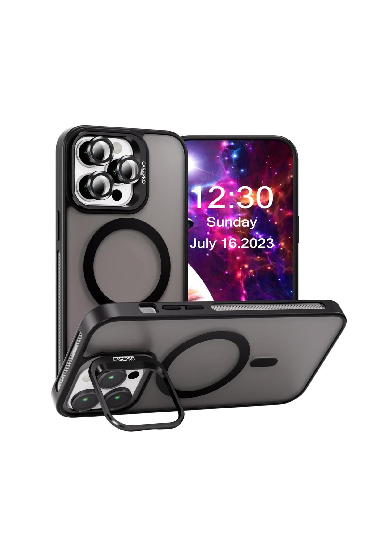 Apple iPhone 15 Pro ile Uyumlu Lens Hediyeli Kamera Korumalı  Wireless Şarj Özellikli Standlı Premium Kılıf - Siyah