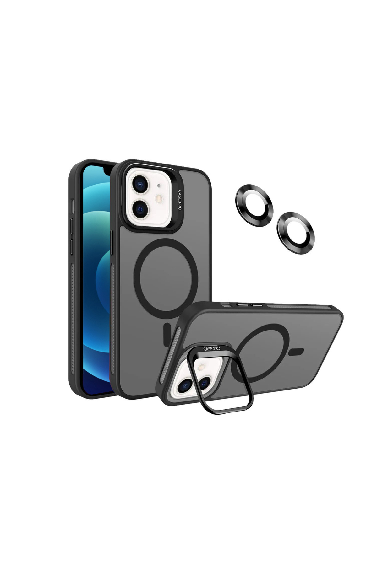 Apple iPhone 12 ile Uyumlu Lens Hediyeli Kamera Korumalı  Wireless Şarj Özellikli Standlı Premium Kılıf - Siyah