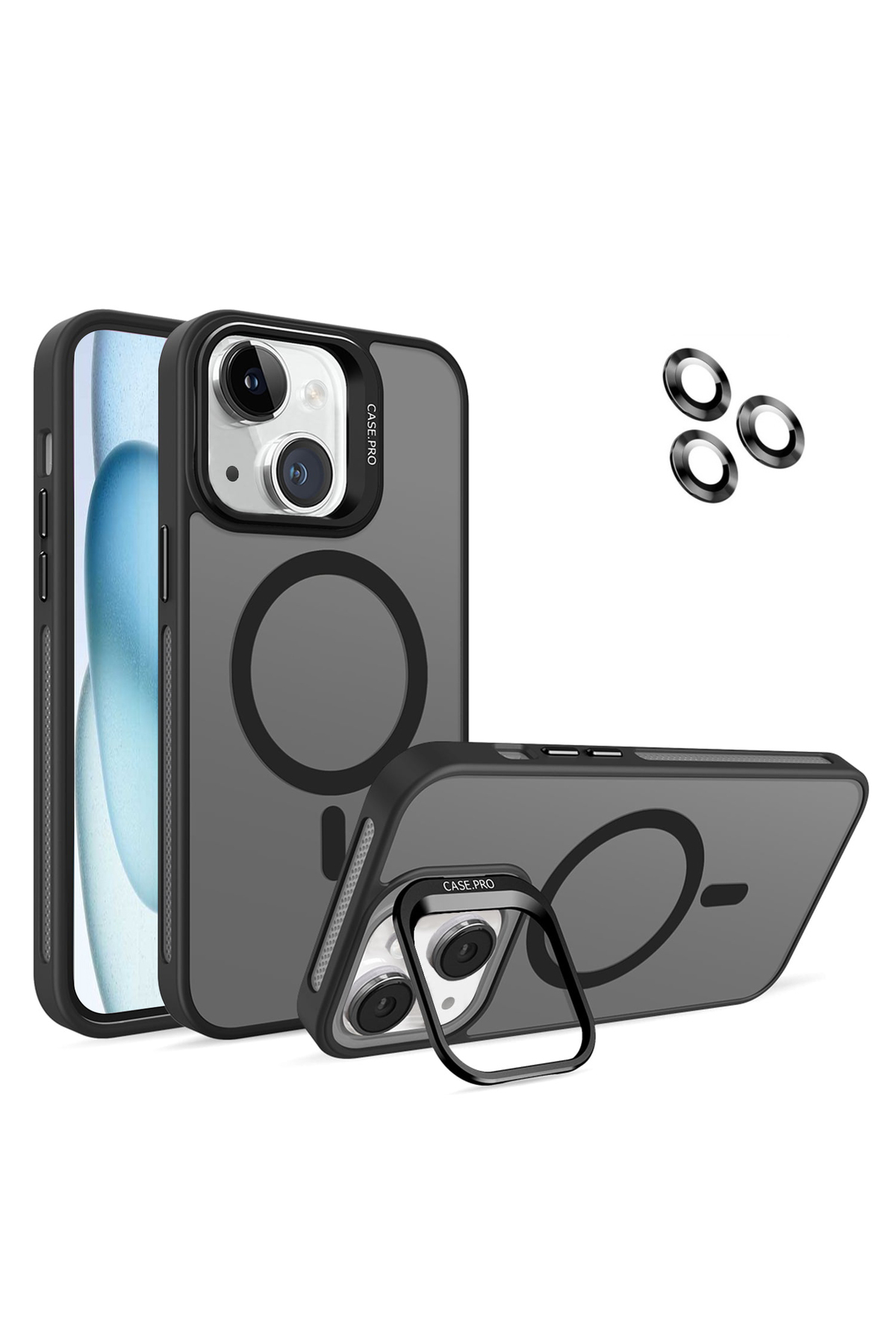 Apple iPhone 15 ile Uyumlu Lens Hediyeli Kamera Korumalı  Wireless Şarj Özellikli Standlı Premium Kılıf - Siyah