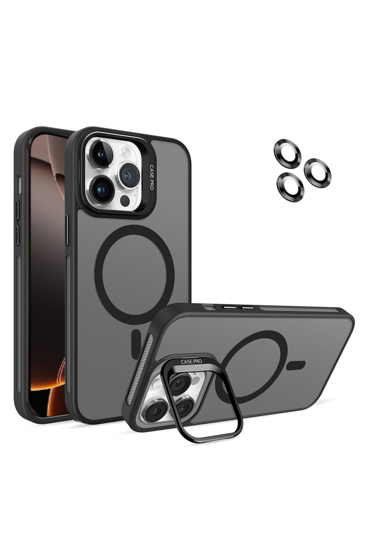 Apple iPhone 16 Pro ile Uyumlu Lens Hediyeli Kamera Korumalı  Wireless Şarj Özellikli Standlı Premium Kılıf - Siyah