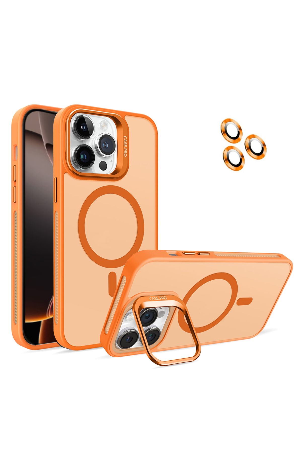 Apple iPhone 16 Pro ile Uyumlu Lens Hediyeli Kamera Korumalı  Wireless Şarj Özellikli Standlı Premium Kılıf - Turuncu