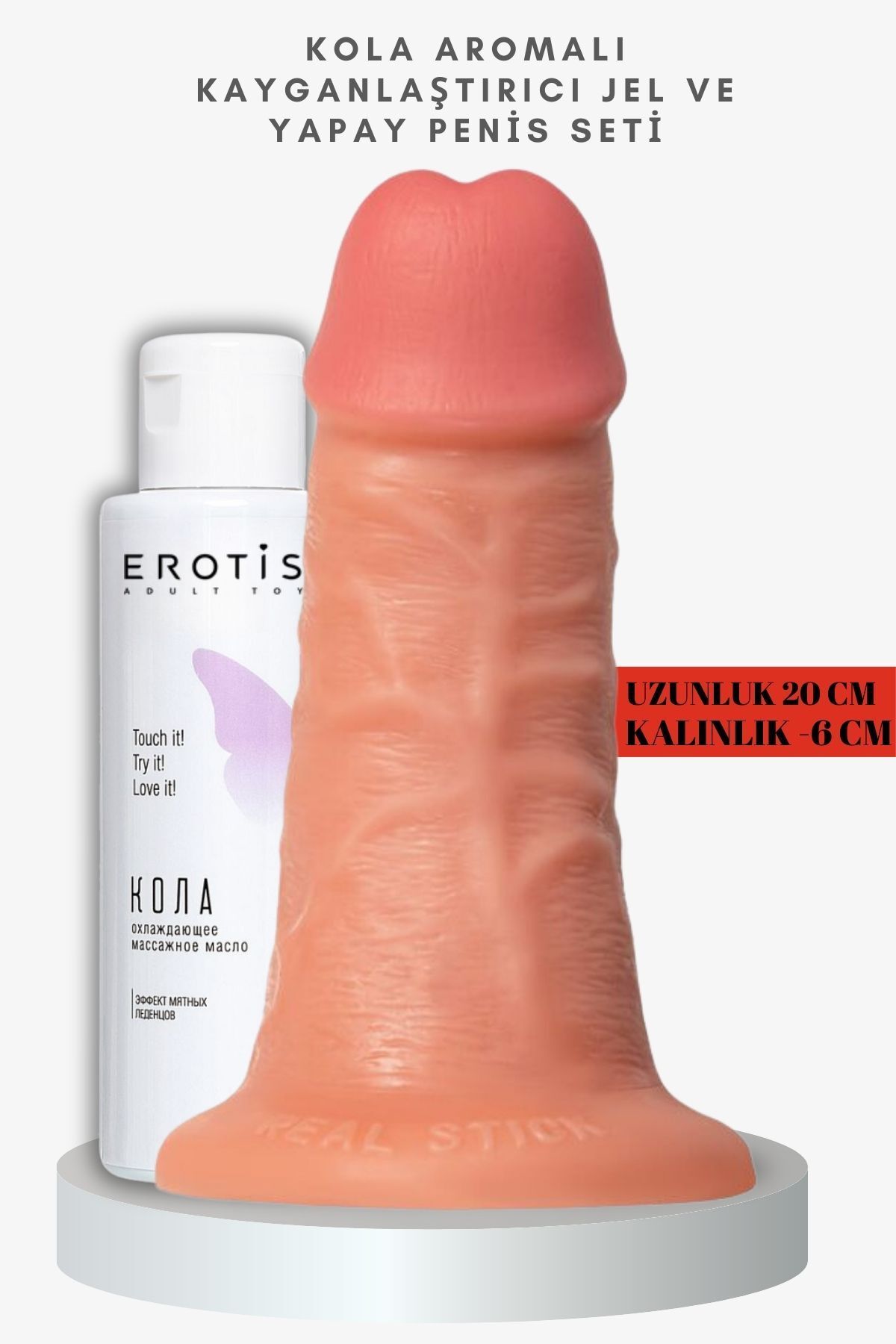 Erotist Kola Aromalı Kayganlaştırıcı Jel ve Caliber 20 cm Yapay Penis Seti - 6 cm Çap