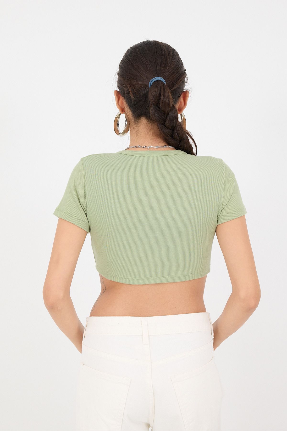 Addax-Crew Neck Ribbed Modal Crop T-Shirt P16125-X8 3