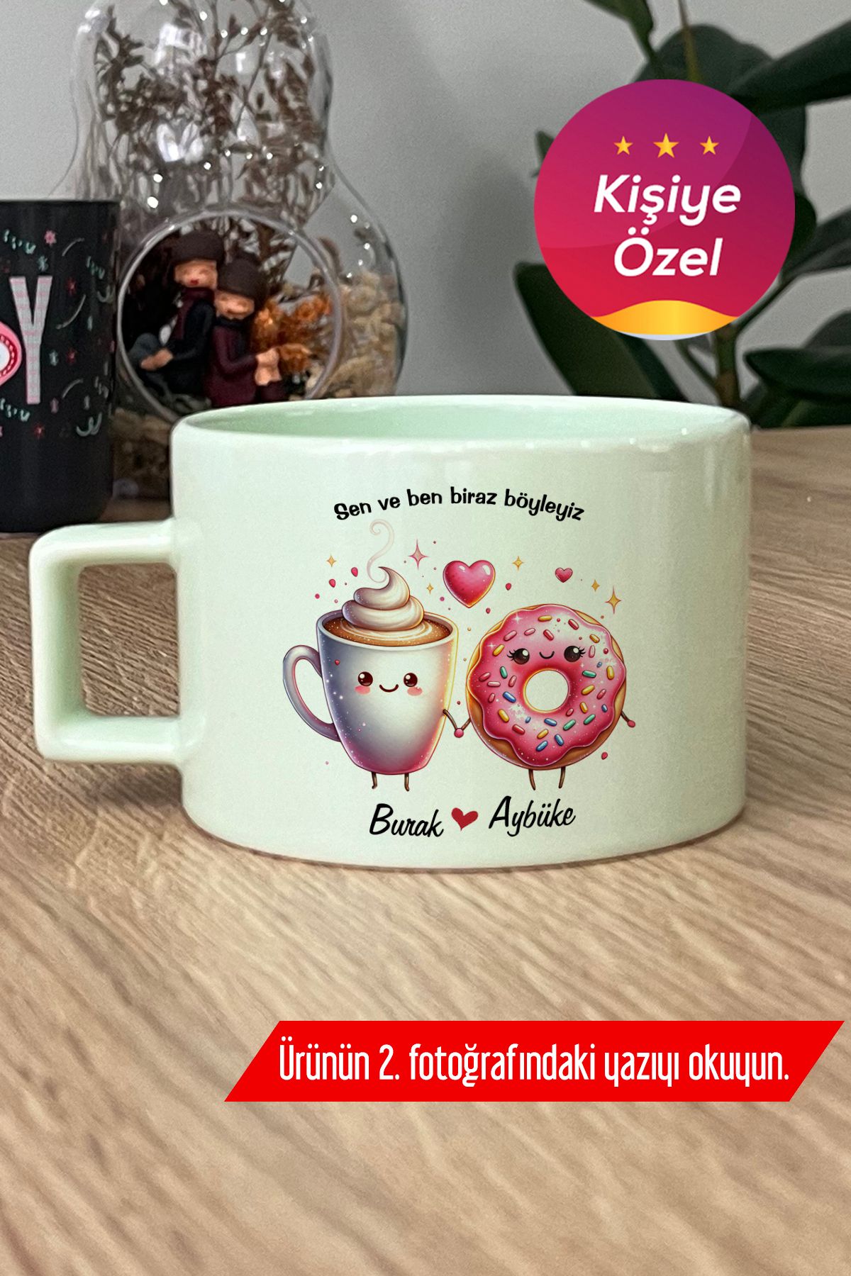 Hedizu Kişiye Özel Kahve ve Donat Pastel Fincan Yeşil Sevgililer Günü Hediyesi Y0R Y9U