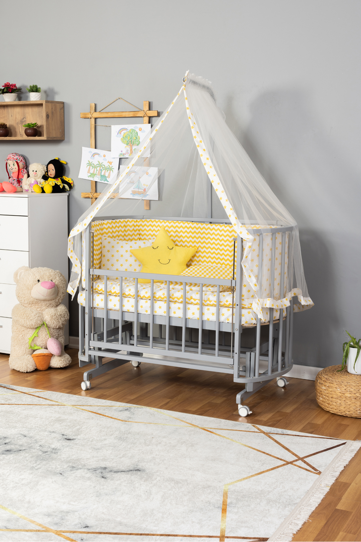 Wooden Crib Mother Side Crib Gray 60x120 Yellow Star Sleeping Set Bed with Wheels