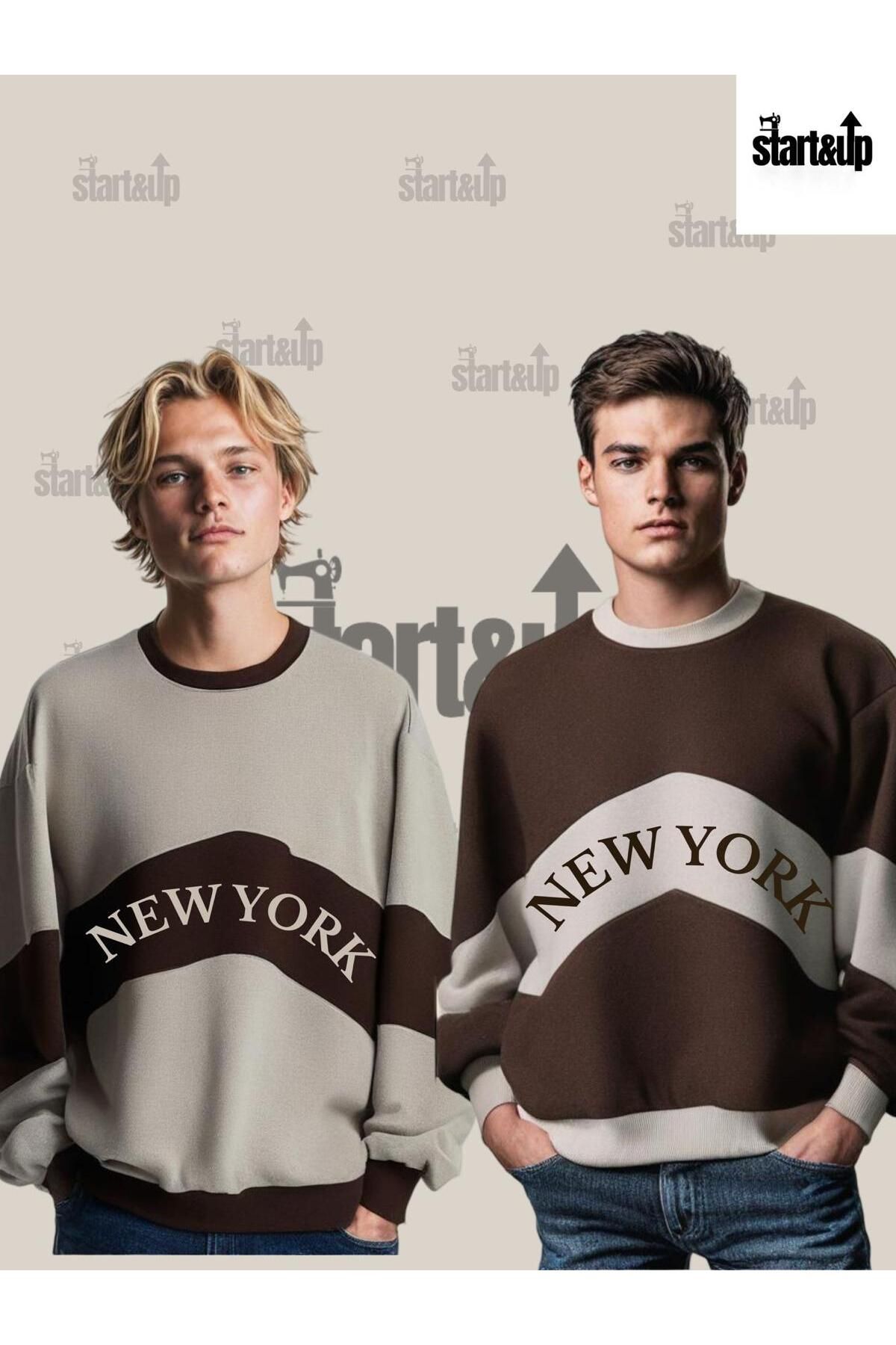 QUEENSTOWN Unisex New York Baskılı 2'li Set Büyük Beden Oversize Bisiklet Yaka Sweatshirt