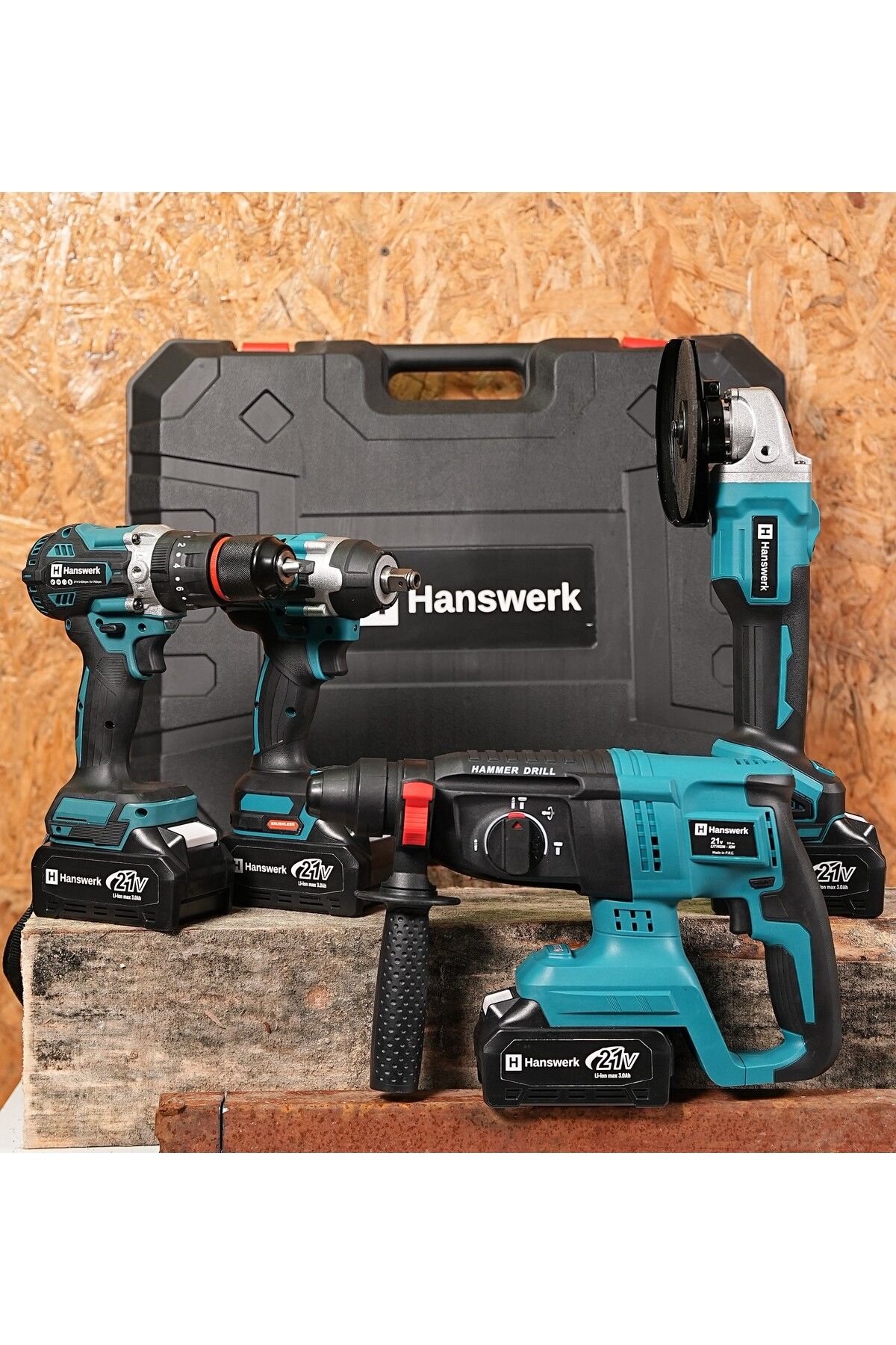 Hanswerk Profesyonel Şarjlı Kömürsüz Darbeli 4'lü Set 2-26 Hilti - 125mm Taşlama - 13mm Darbeli Matkap -450NM