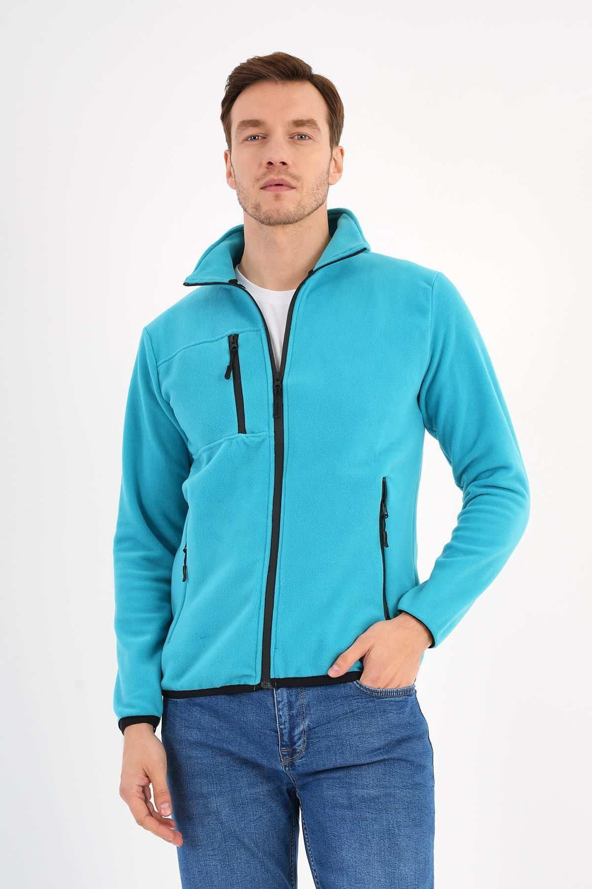 Deri Company-Men's Fleece Jacket Turquoise Zippered Stand Collar 4