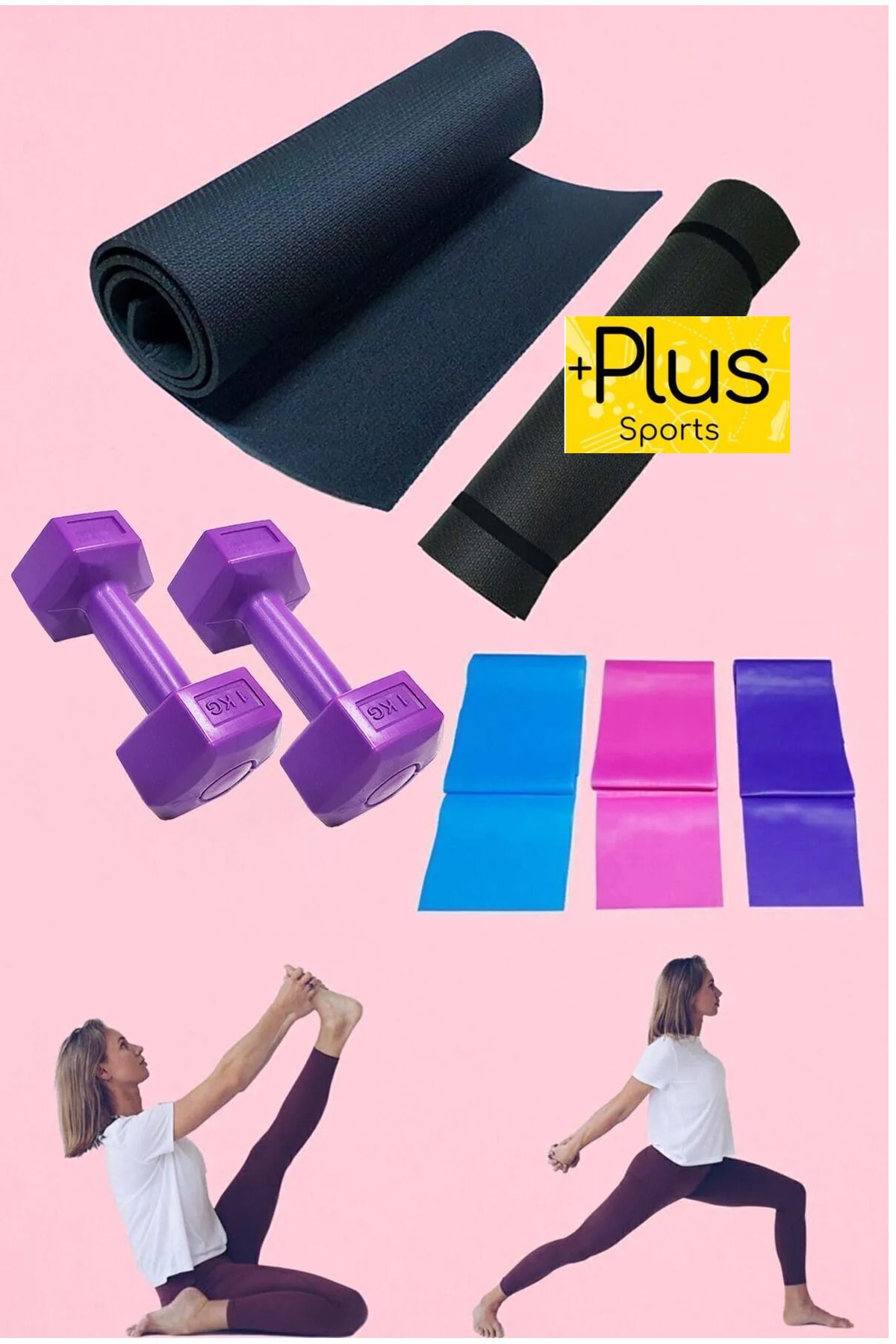 PLUSSPORT 7mm Pilates Minderi 3'lü Pilates Lastiği Ve 1 Kg Çiftli Dumbell Premium Egzersiz Seti