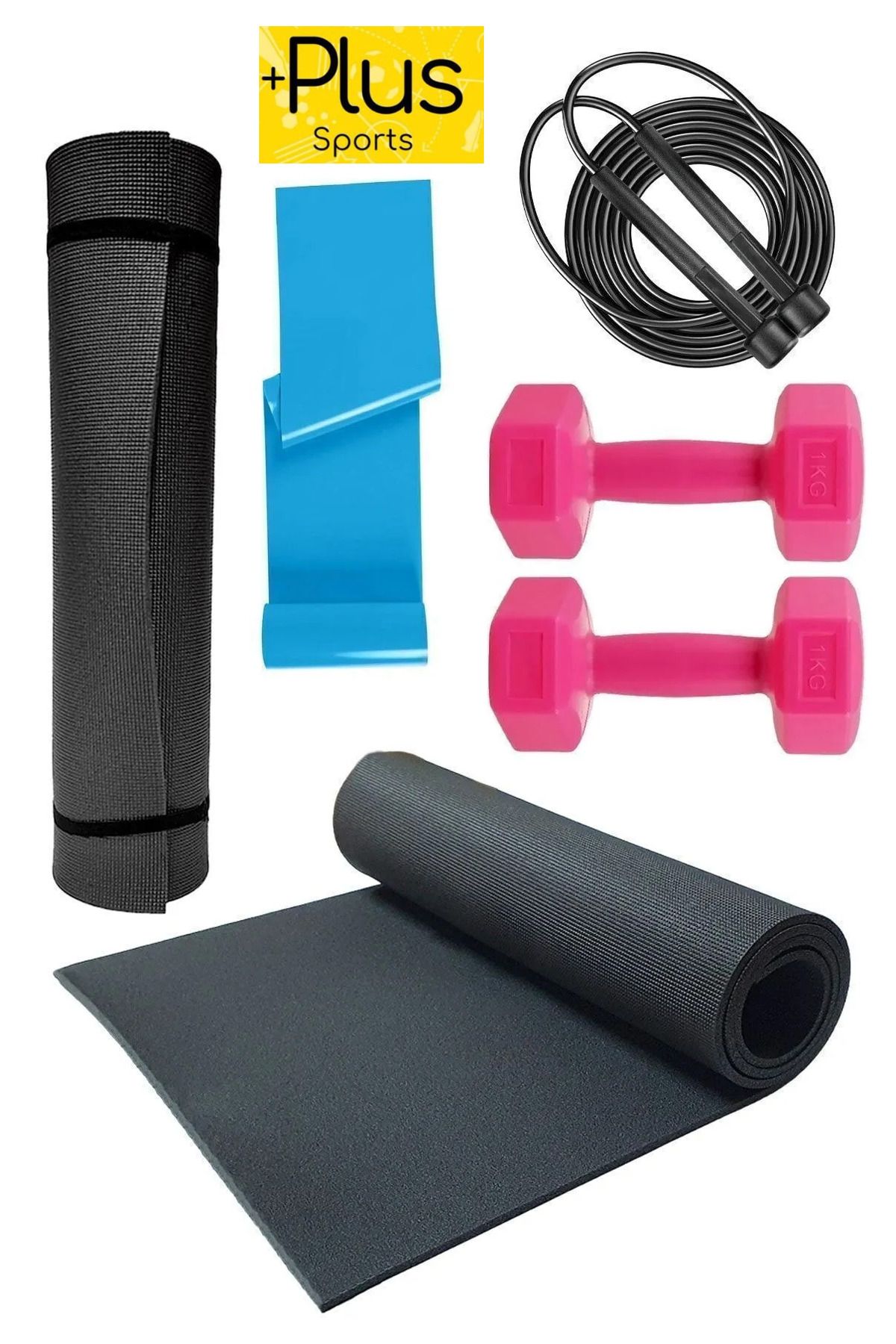 PLUSSPORT PREMİUM Egzersiz Seti Pilates Minderi 2 X 1 Kg Dambıl Pilates Lastiği Ve Atlama Ipi Seti