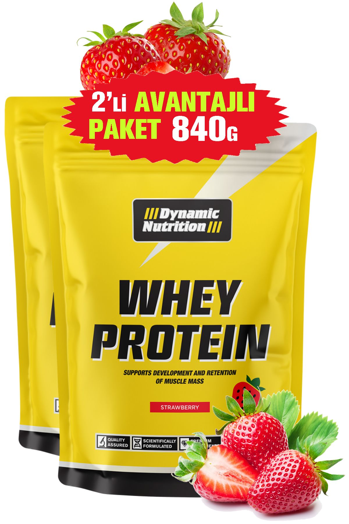 Dynamic Nutrition Whey Protein Tozu - 420 G x 2 Adet= 840 G - Çilek - 28 Servis - 24 G Yüksek Proteinli