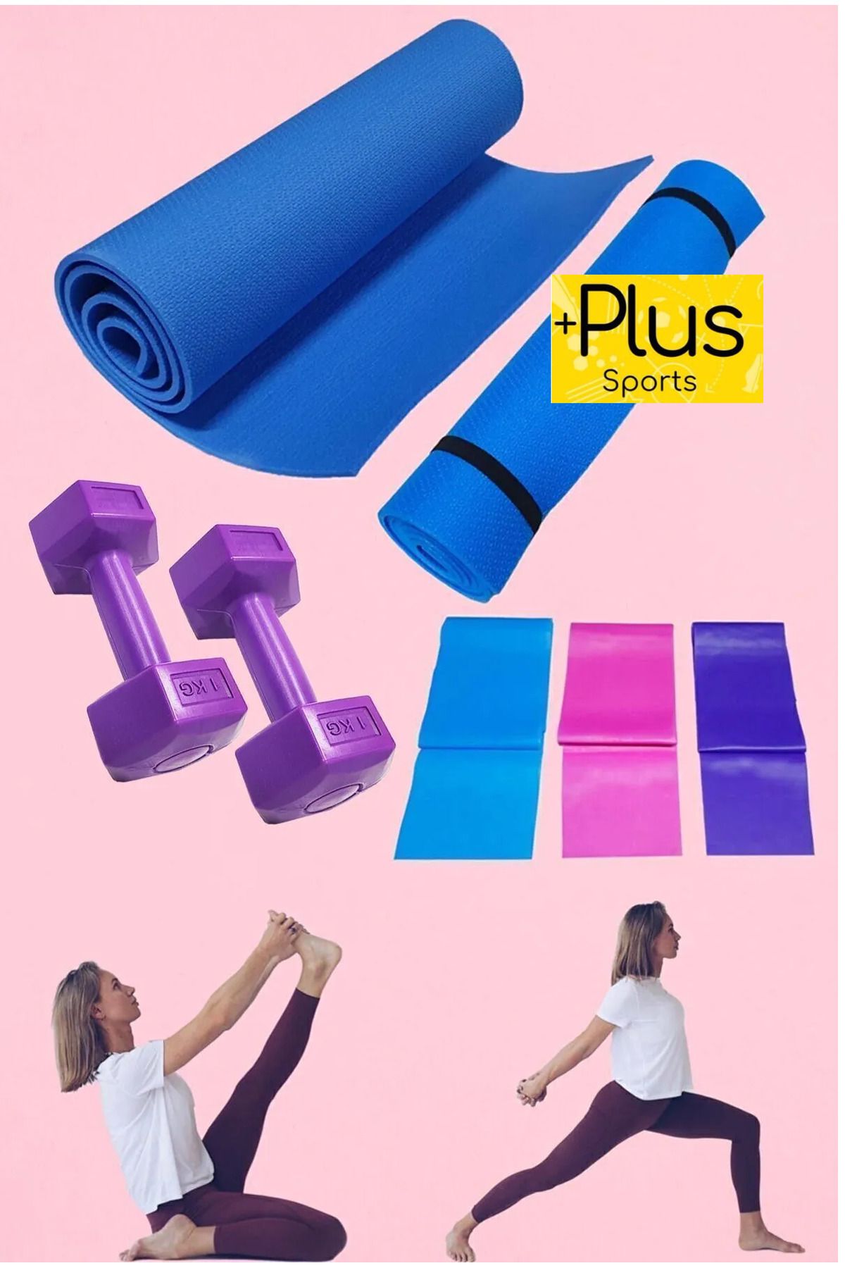 PLUSSPORT 7mm Pilates Minderi 3'lü Pilates Lastiği Ve 1 Kg Çiftli Dumbell Premium Egzersiz Seti