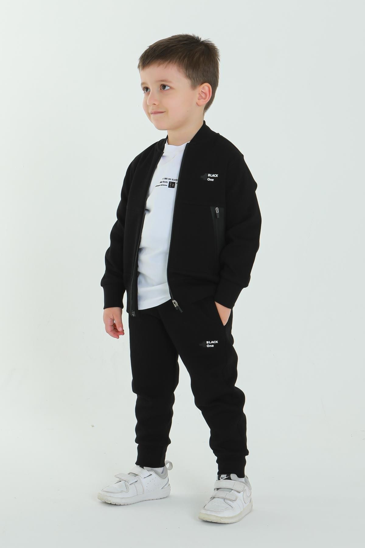 Black One-Unisex Kids - Double Pockets, Print Detail, Crew Neck T-Shirt, Zip-Up Cardigan, Adjustable Waist Tire 3