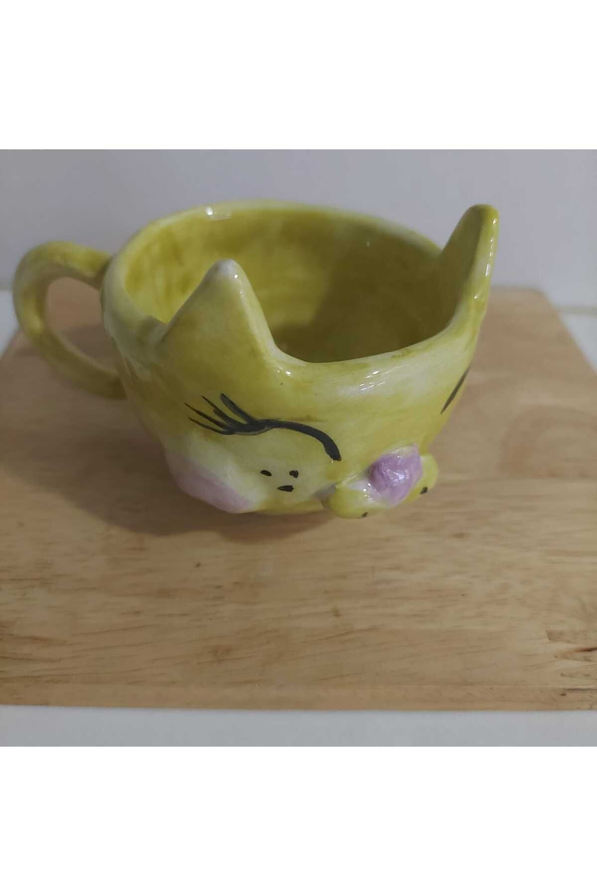 esdekor-Small Cat Themed Mug Fully Handmade Ceramic Double Coffee 1 Piece 1