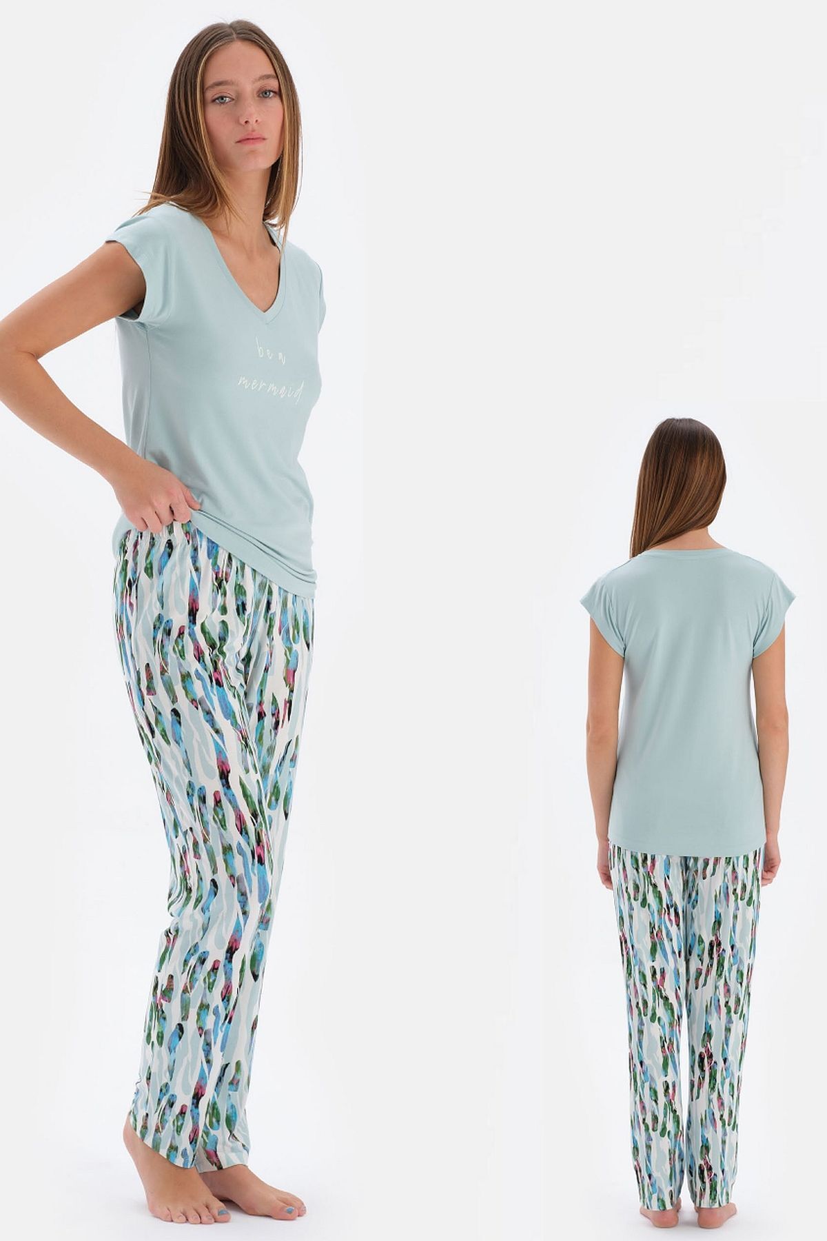 Eros-33580 Women's V-Neck Pajama Set - Short Sleeve, Mint 2