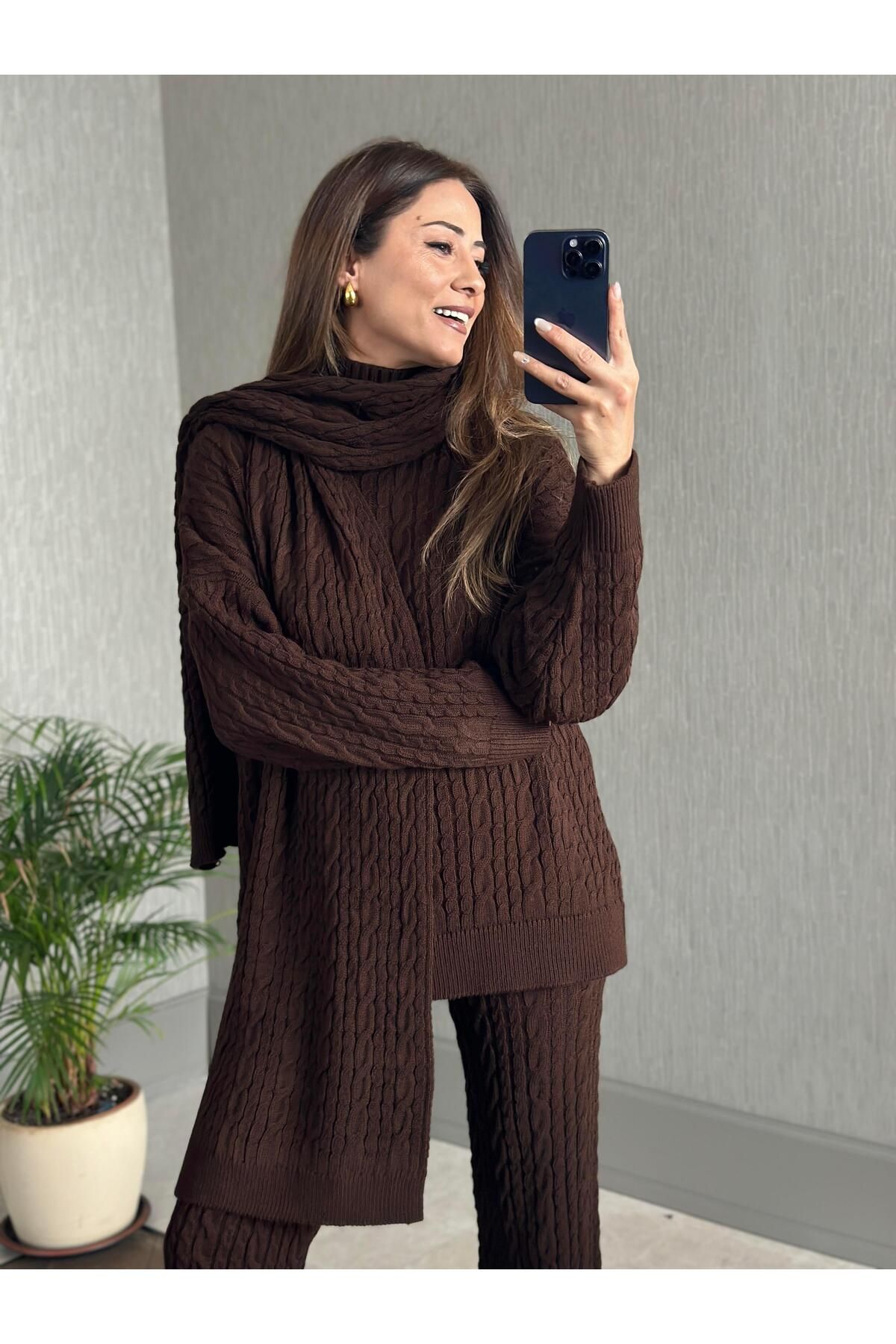 Forlady Butik Kahverengi Saç Örgü Atkı Kazak Pantolon Kadın Üçlü Triko Takım