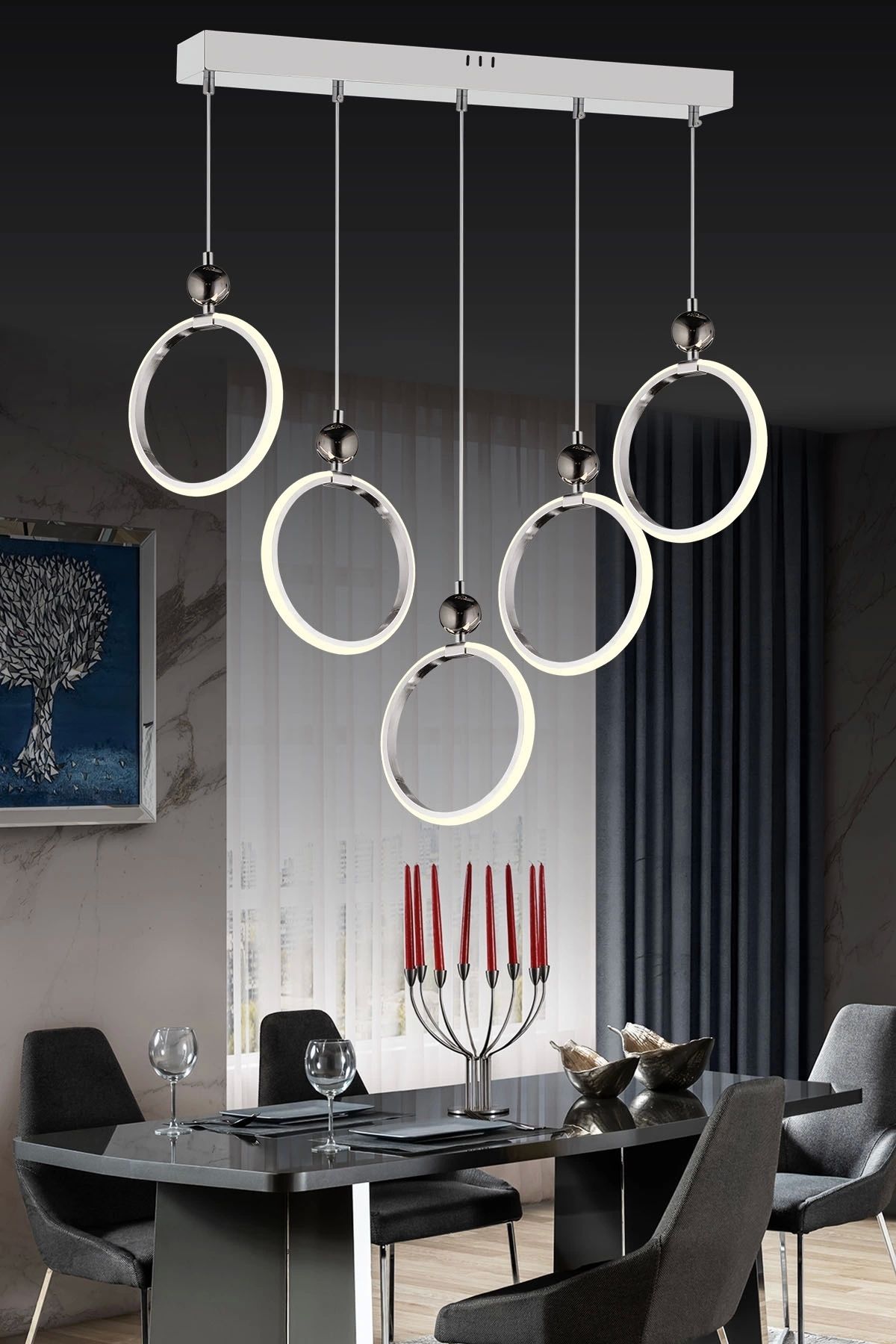 NZL Lighting Modern Beşli Yuvarlak Üç Renkli Krom Yemek Odası Ledli Avize ve Salon Avize