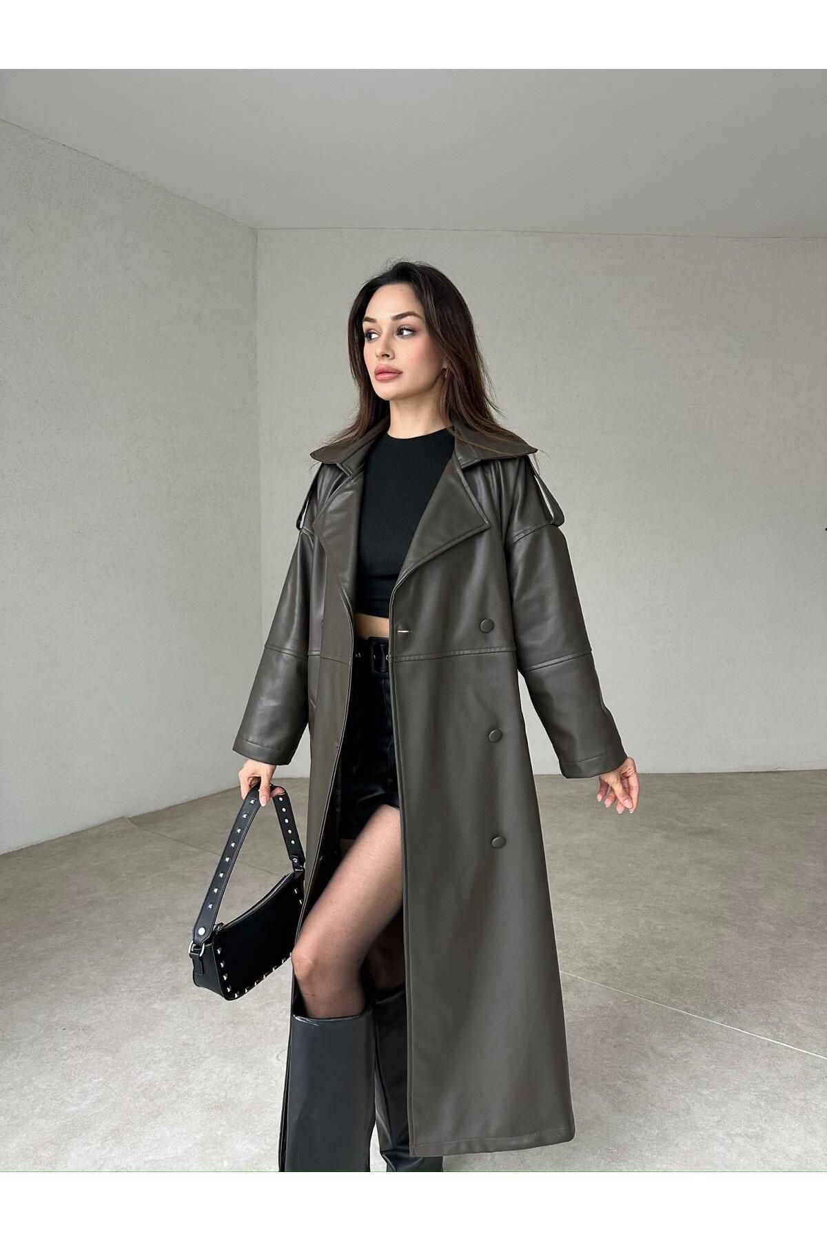 Mooi Butik DAPHNE Deri Trençkot 4987 - Haki