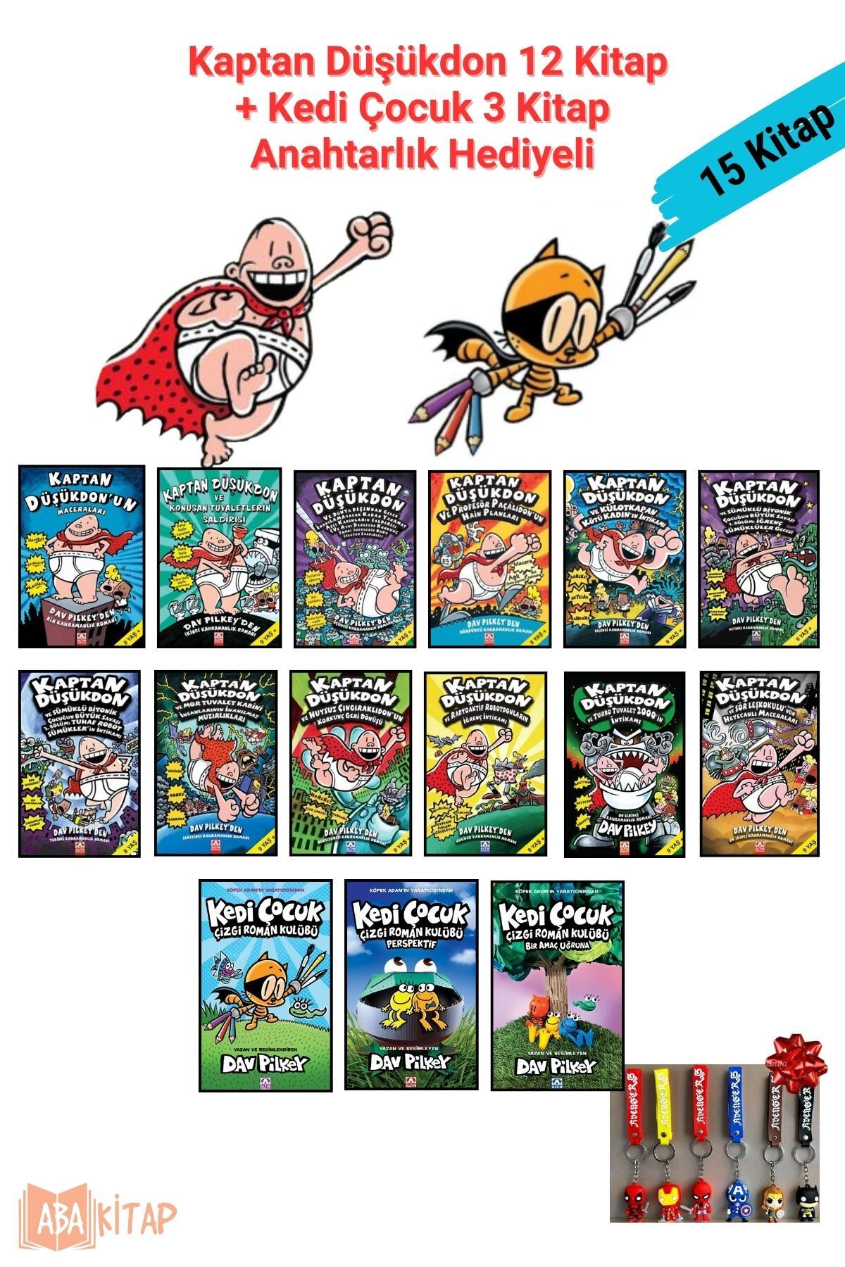 Altın Kitaplar Kaptan Düşükdon 12 Kitap ve Kedi Çocuk 3 Kitap, 15 Kitap Set, Dav PILKEY, Anahtarlık Hediyeli