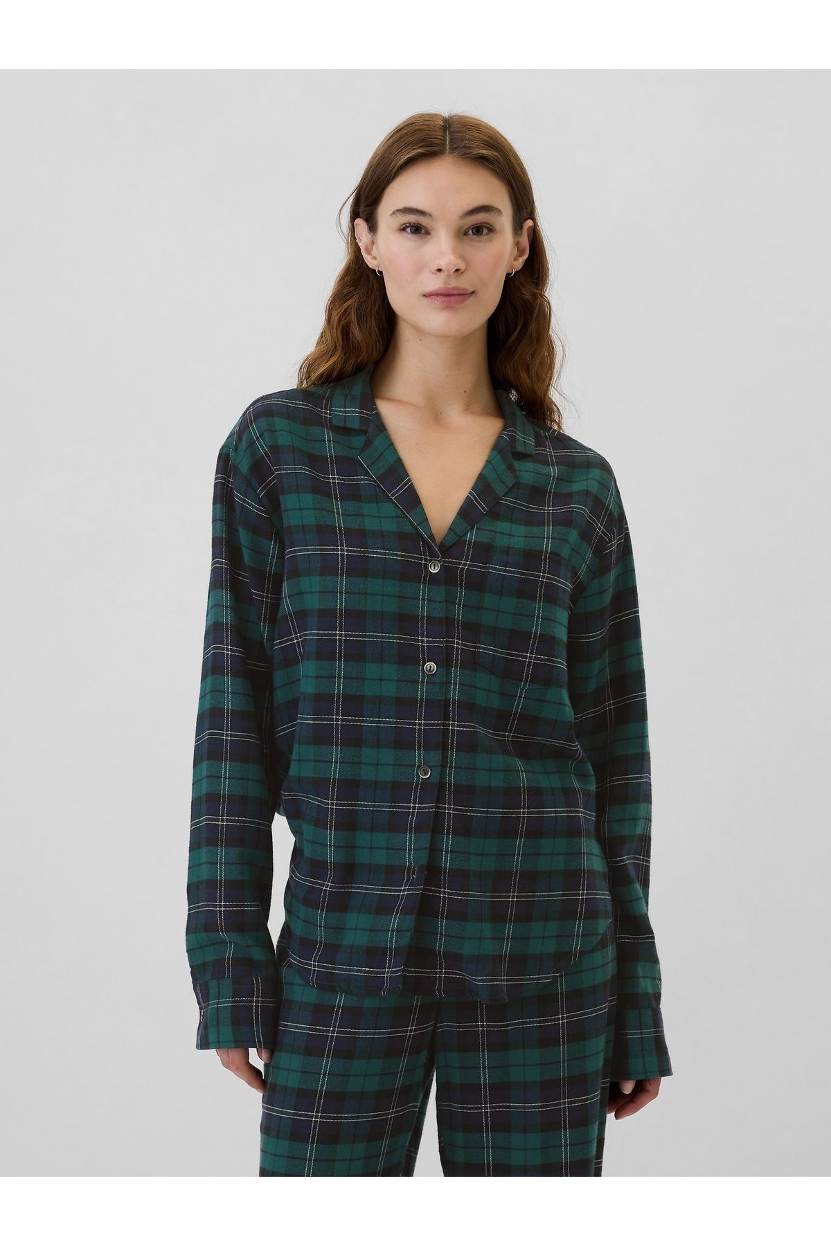 GAP Kadın Koyu Yeşil Relaxed Flannel Pijama Üstü