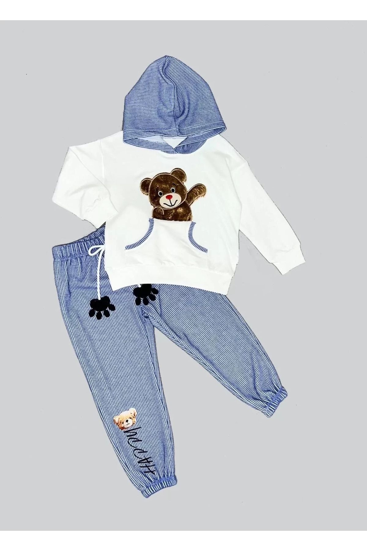 Mu Art 2-3-4 Yaş Pelüş Ayı Desenli Kapşonlu Uzun Kollu Penye Sweat 2Li Erkek Takımı Ekru