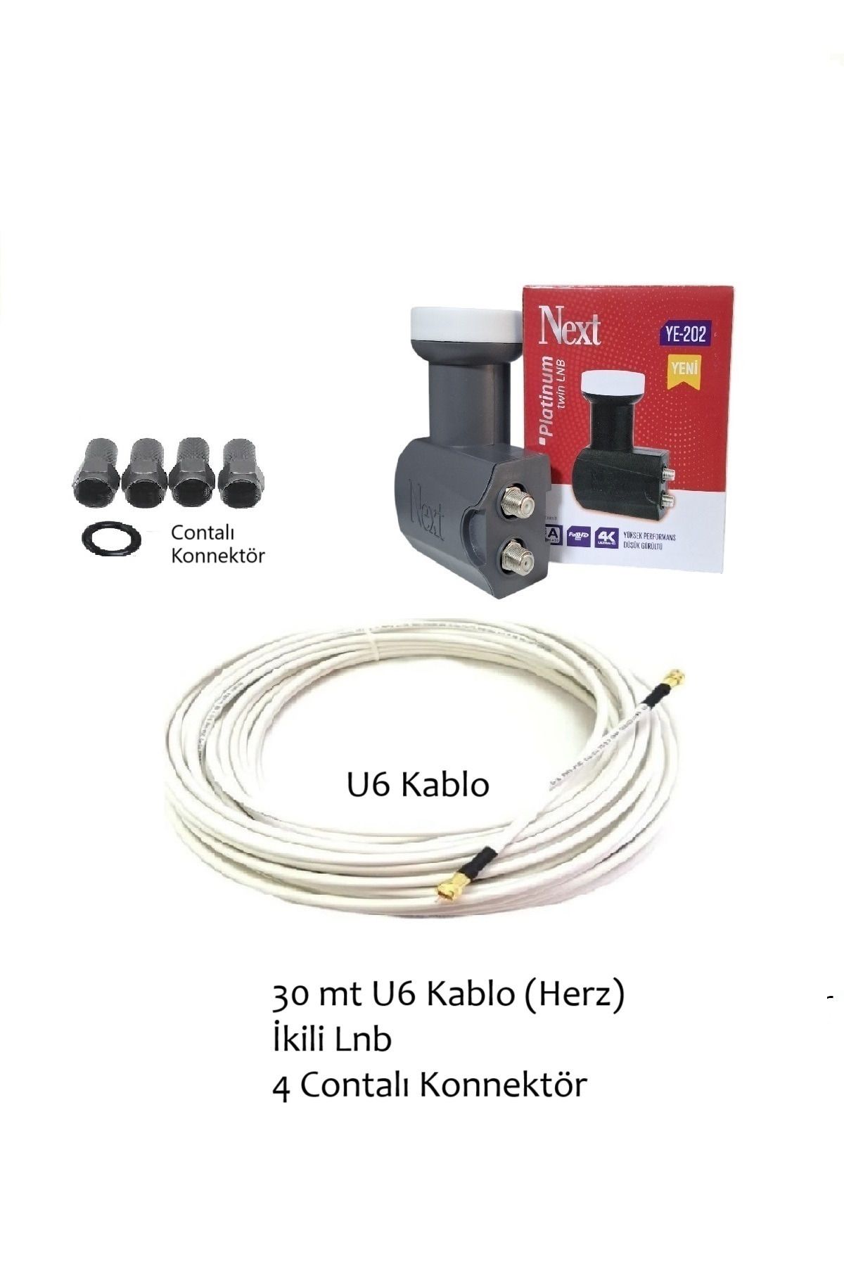 Vwin 30 Metre Rg6-U6 Herz Anten Kablosu + İkili 2 li Next Lnb + 4 Contalı Konnektör