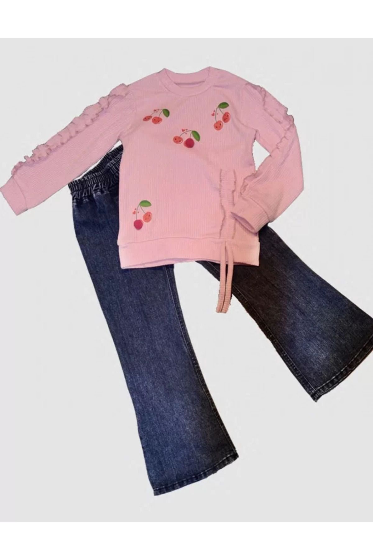 Mu Art 4-5-6 Yaş Kot Pantolonlu Kiraz Desenli Penye Sweat Uzun Kollu 2Li Kız Çocuk Takımı Pembe