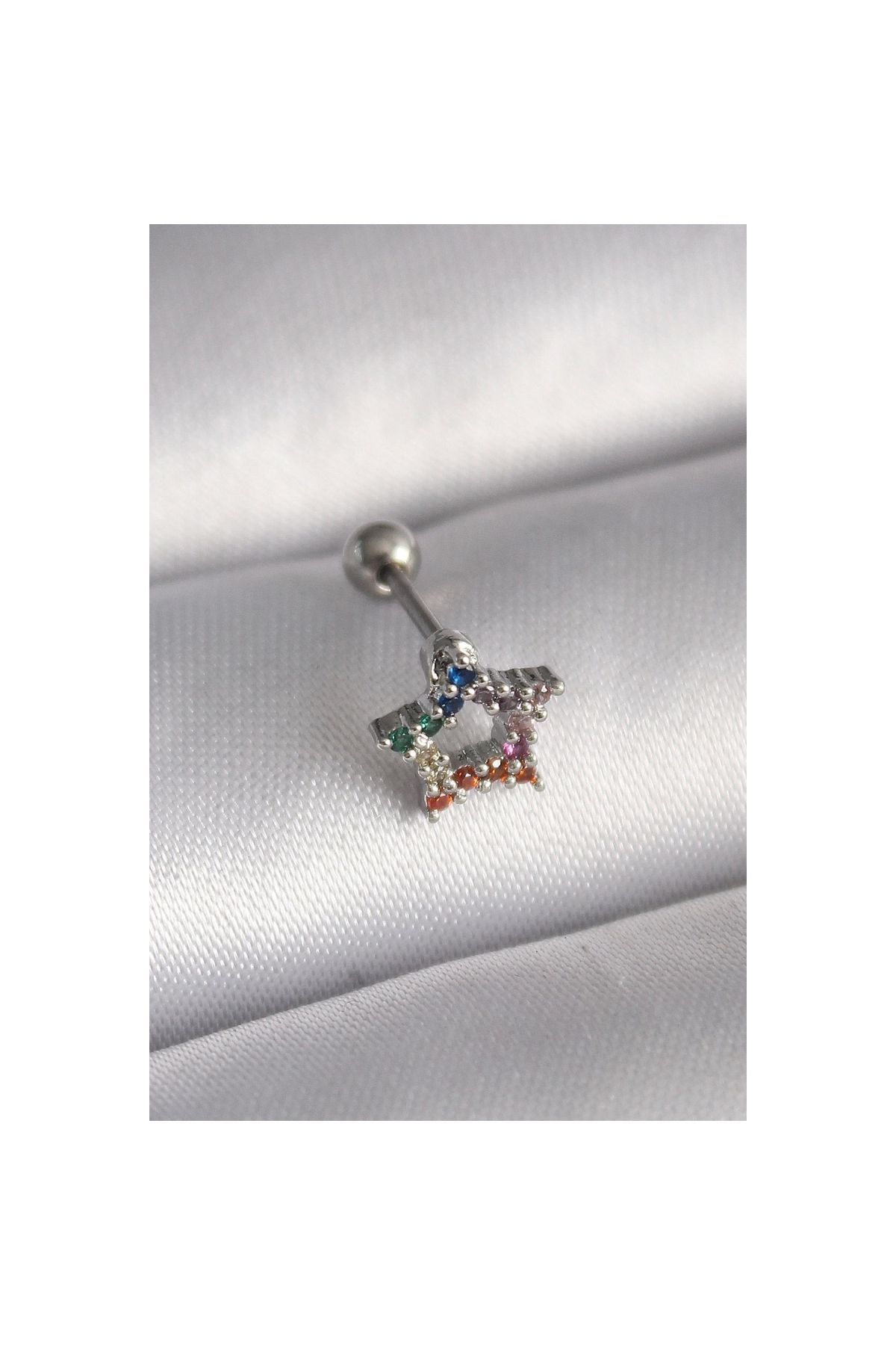 Narnuga 316L Çelik Gümüş Renk Renkli Zirkon Taşlı Yıldız Model Tragus Piercing - TJ-PR1355