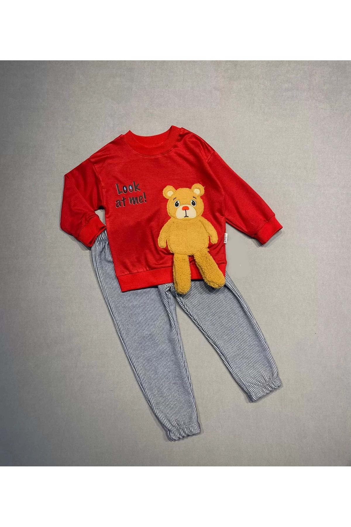 Mu Art 2-3-4 Yaş Ayıcık Sallanan Ayak Desenli Likra Penye Kumaş Sweat Pantolonlu Kız Erkek 2Li Çocuk Takım