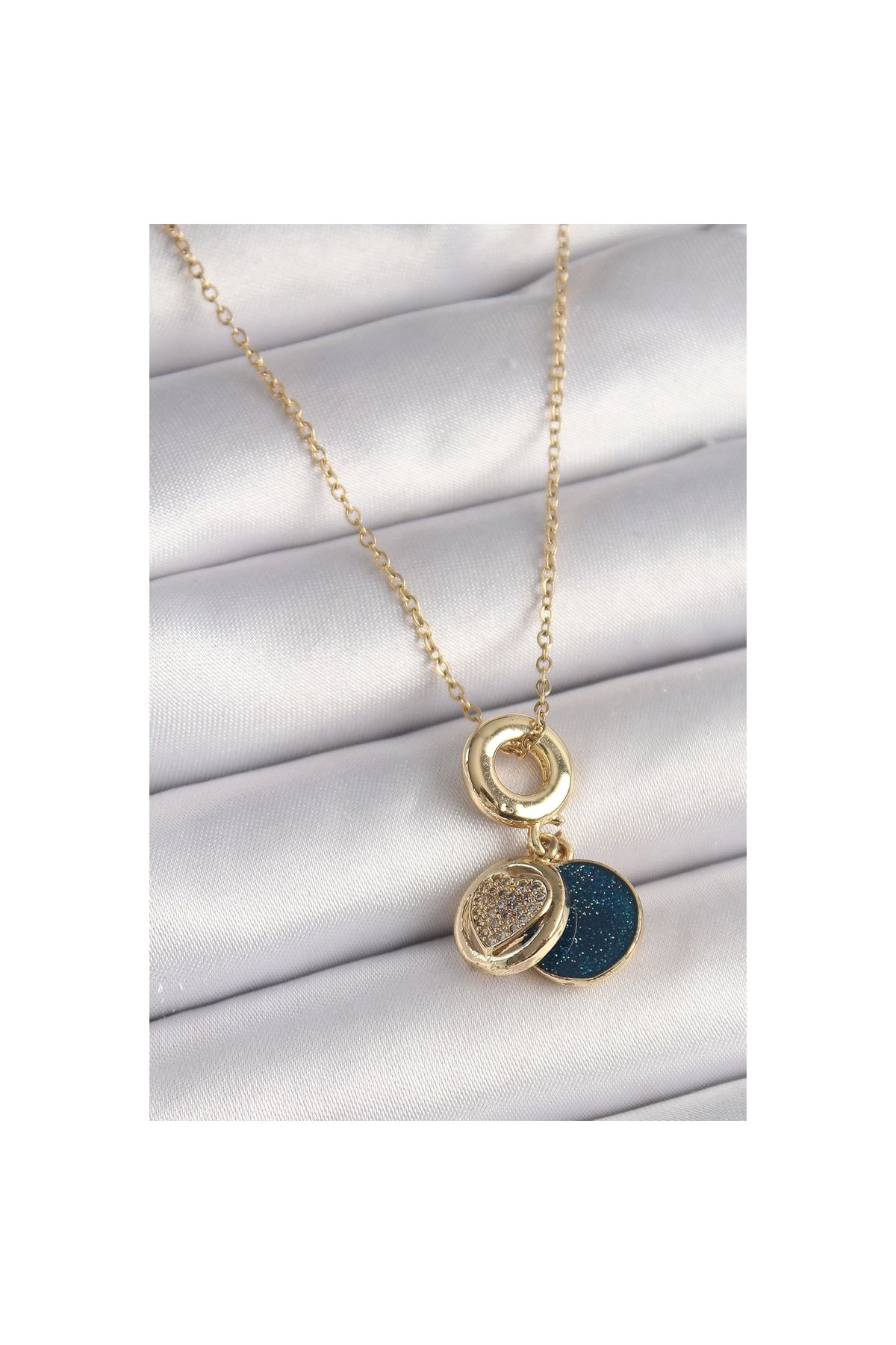 Narnuga 316L Çelik Gold Renk Zincir Zirkon Taşlı Kalp Model Mavi Simli Kadın Kolye - TJ-BKO9640