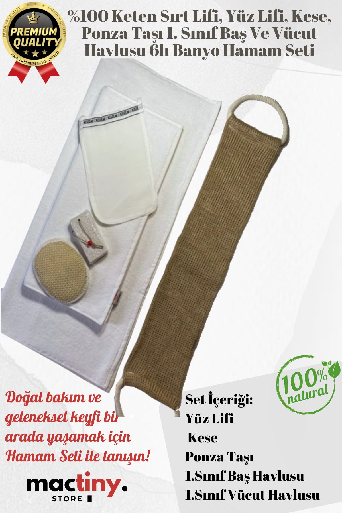 Mactiny %100 Keten Sırt Lifi, Yüz Lifi, Kese, Ponza Taşı 1. Sınıf Baş Ve Vücut Havlusu 6lı Banyo Hamam Seti