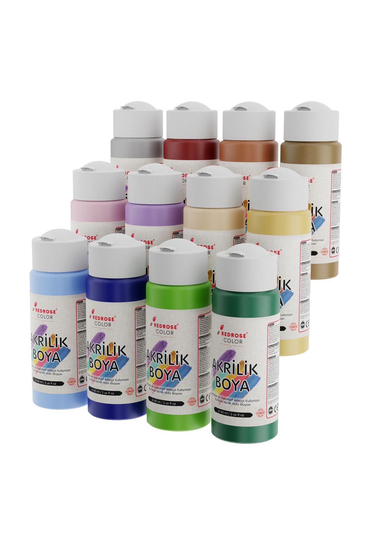 REDROSE COLOR Pastel Renkler Akrilik Boya 12'li Set 12x60ml, Dekoratif Hobi Amaçlı Sanatsal Canlı Renkler