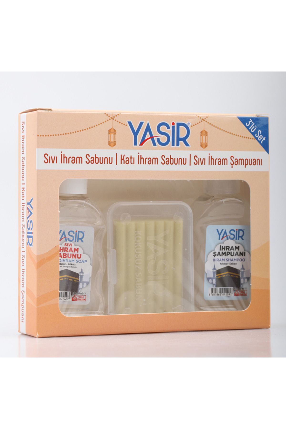 Yasir hac umre kokusuz set hijyen seti ( 3 parça) sıvı sabun+ katı sabun+şampuan