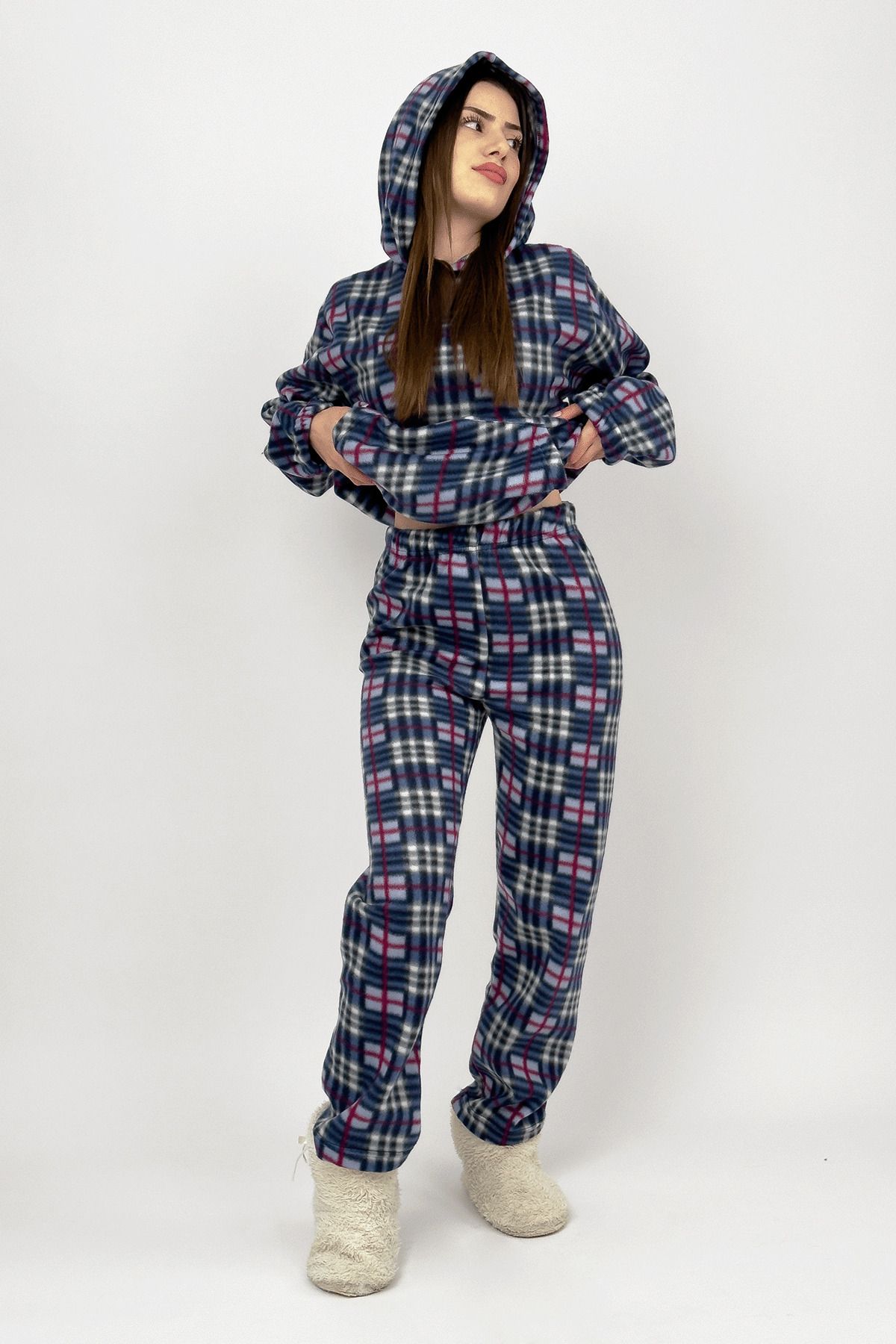 Betimoda-Winter Blue Square Pajamas Set - Waist Hood and Elastic 7