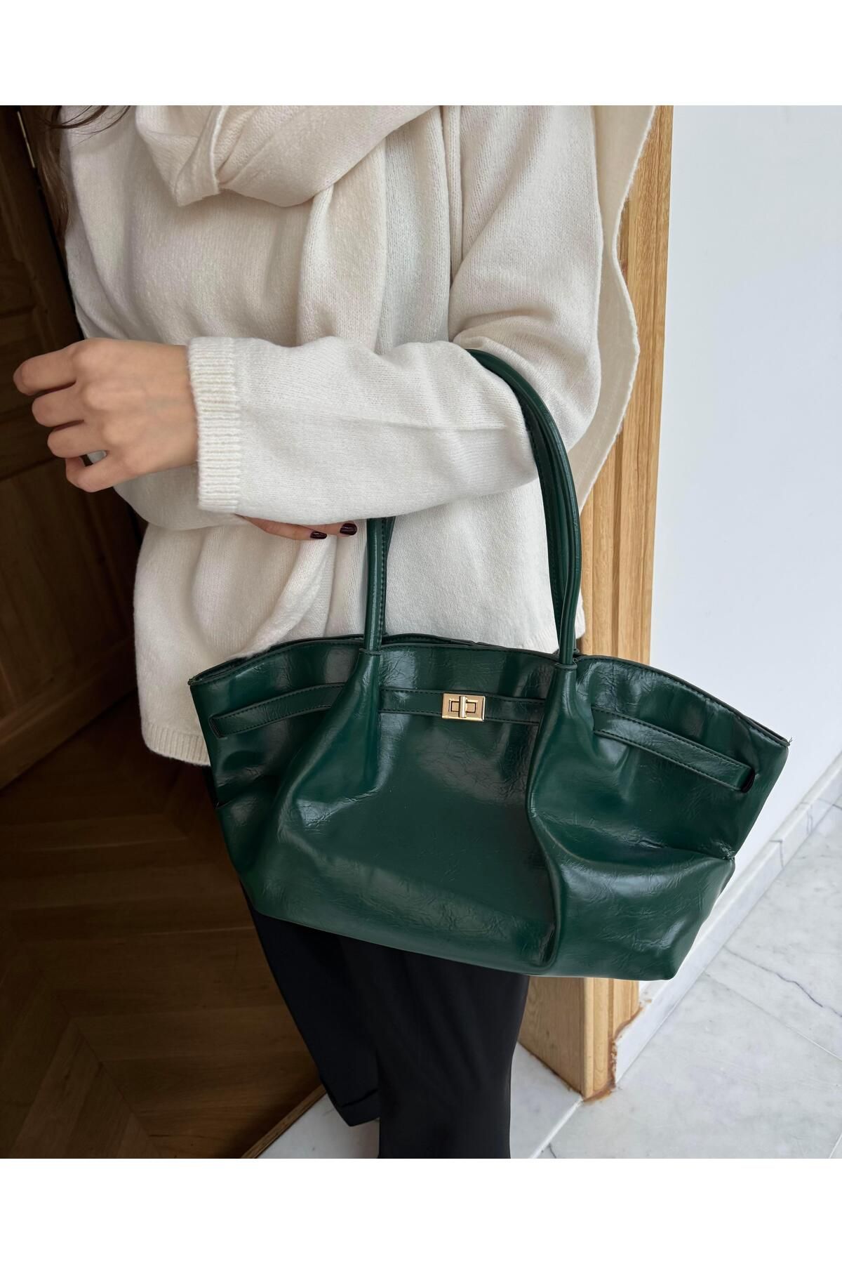 Tina İstanbul Geantă Din Piele Verde - Design Mare Cu Detaliu Curea Femeie - One Size