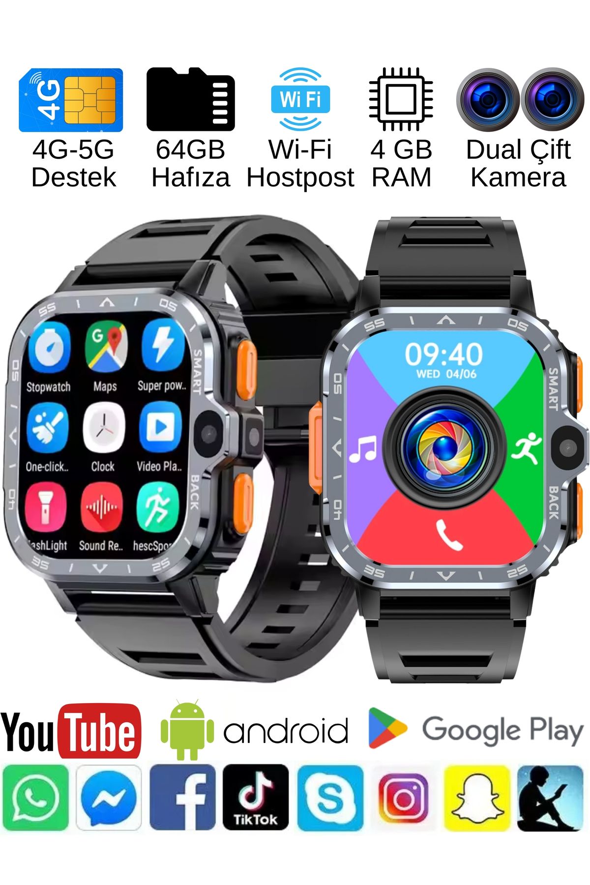 SONREİR Watch PG Ultra 4G LTE 64GB Sim Kartlı Kameralı Akıllı Saat Wi-Fi Çocuk Huawei İphone Uyumlu 8,9,10