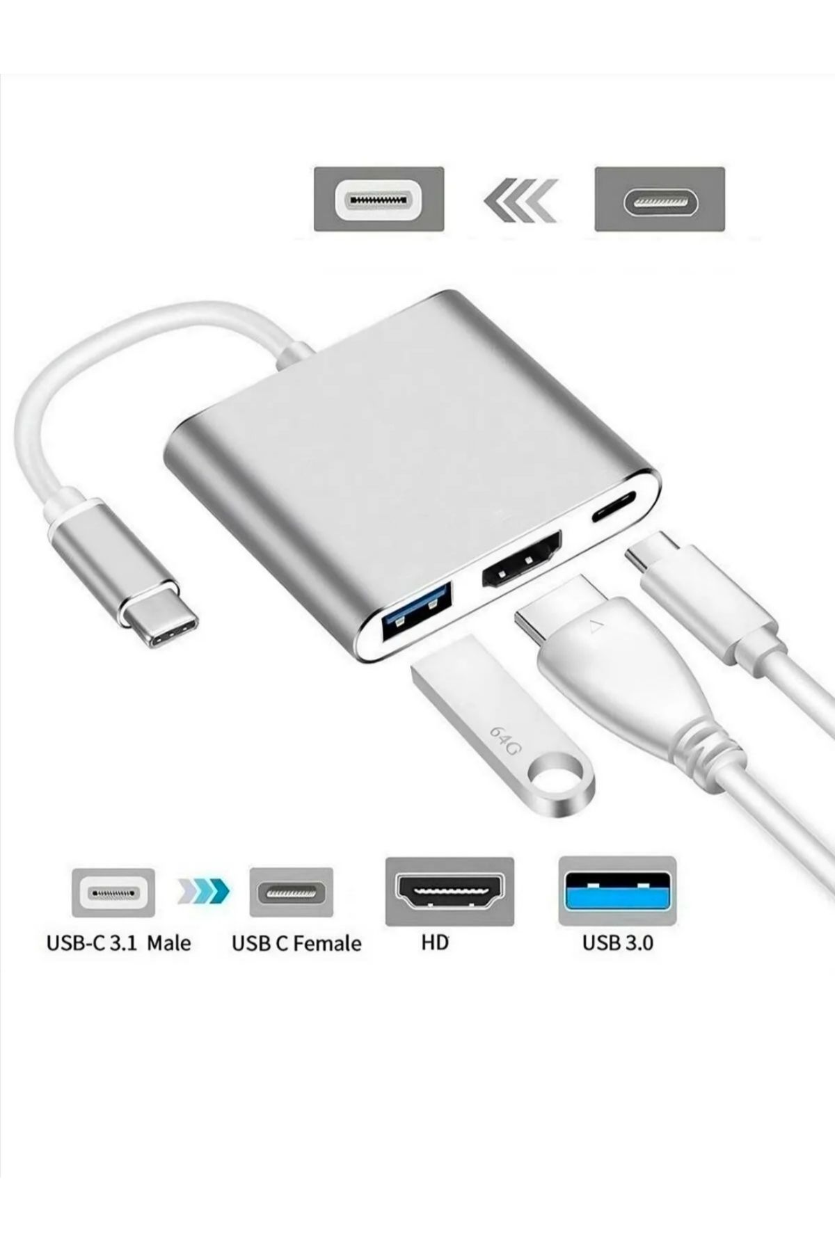 CRK TECH Dönüştürücü Adaptör 3 İn1 Type-C To HDMI 4K USB 3.0 Çevirici Dönüştürücü Adaptör