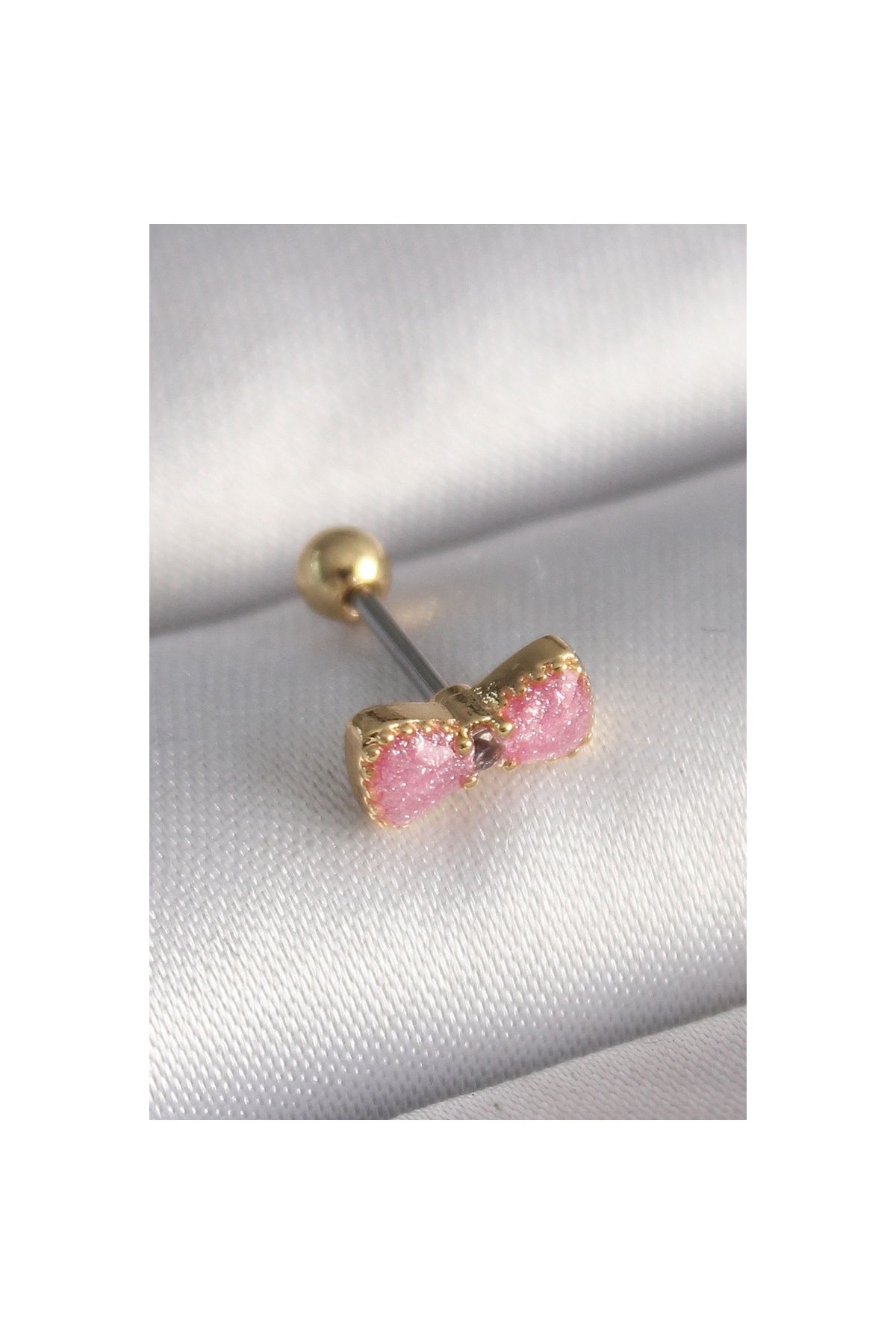 Ayder Timya 316l Çelik Gold Renk Pembe Fiyonk Model Tragus Piercing - Tj-pr1294