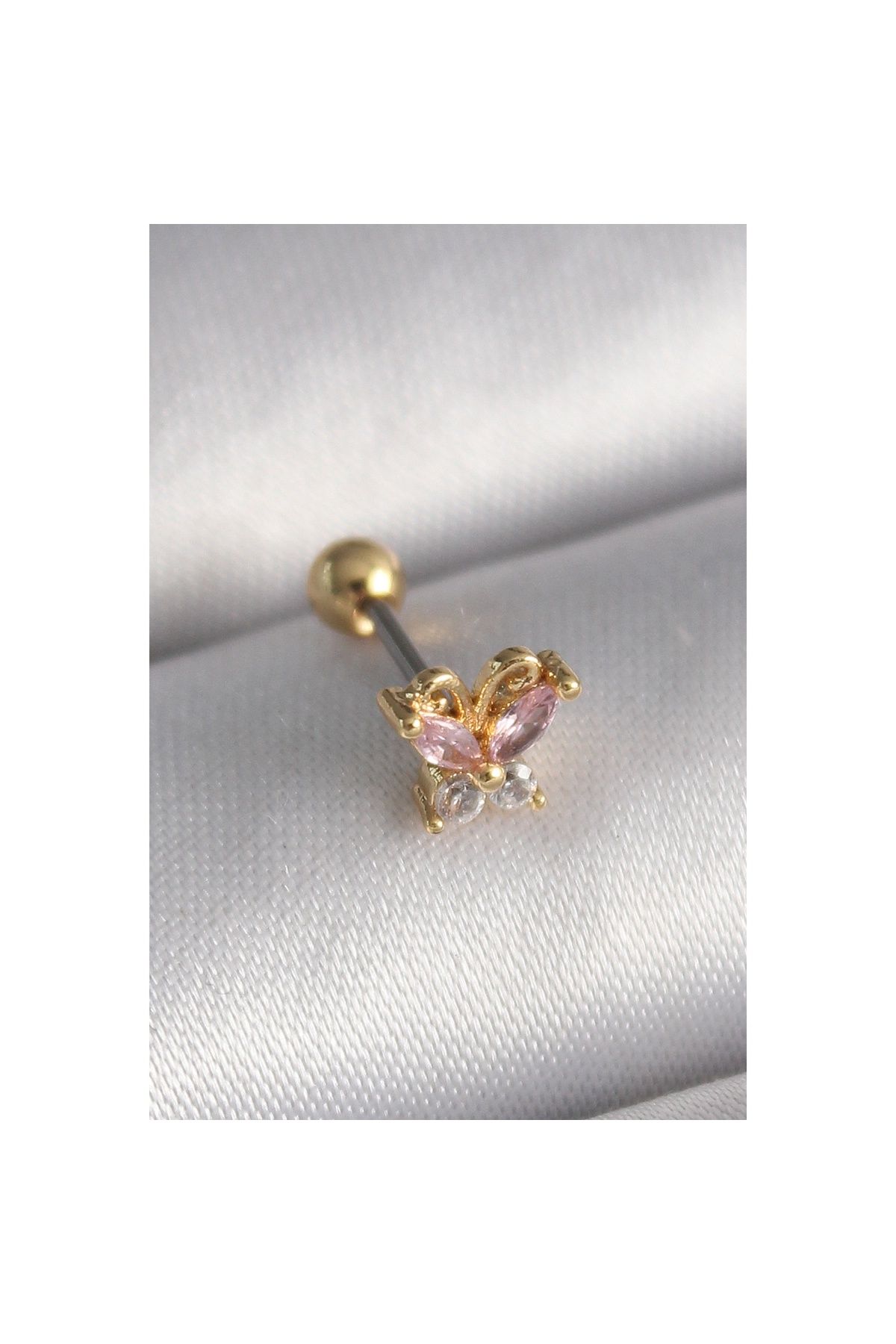 Ayder Timya 316l Çelik Gold Renk Pembe Zirkon Taşlı Kelebek Tragus Piercing - Tj-pr1240