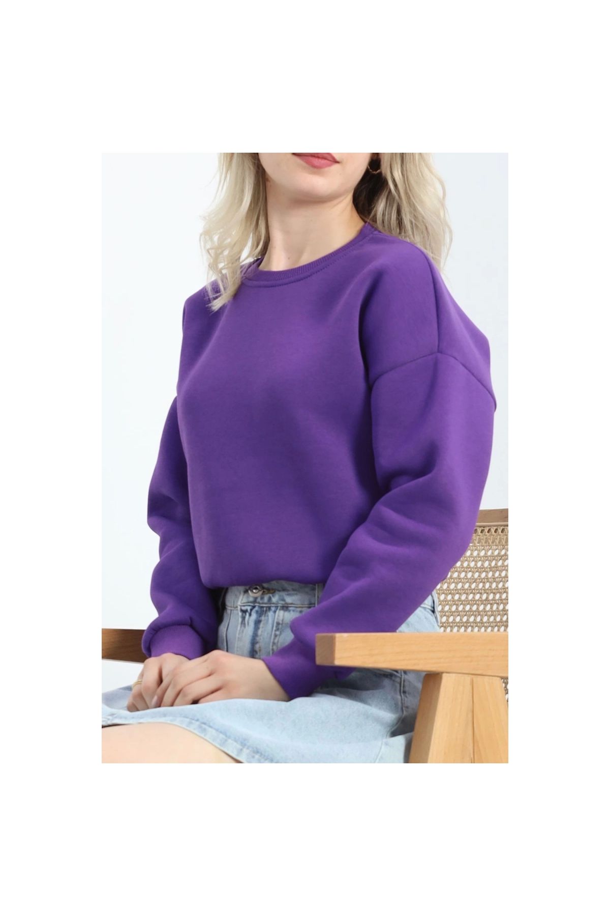 Narnuga Bisiklet Yaka 3 İplik Crop Sweat Mor - 20968.1878.