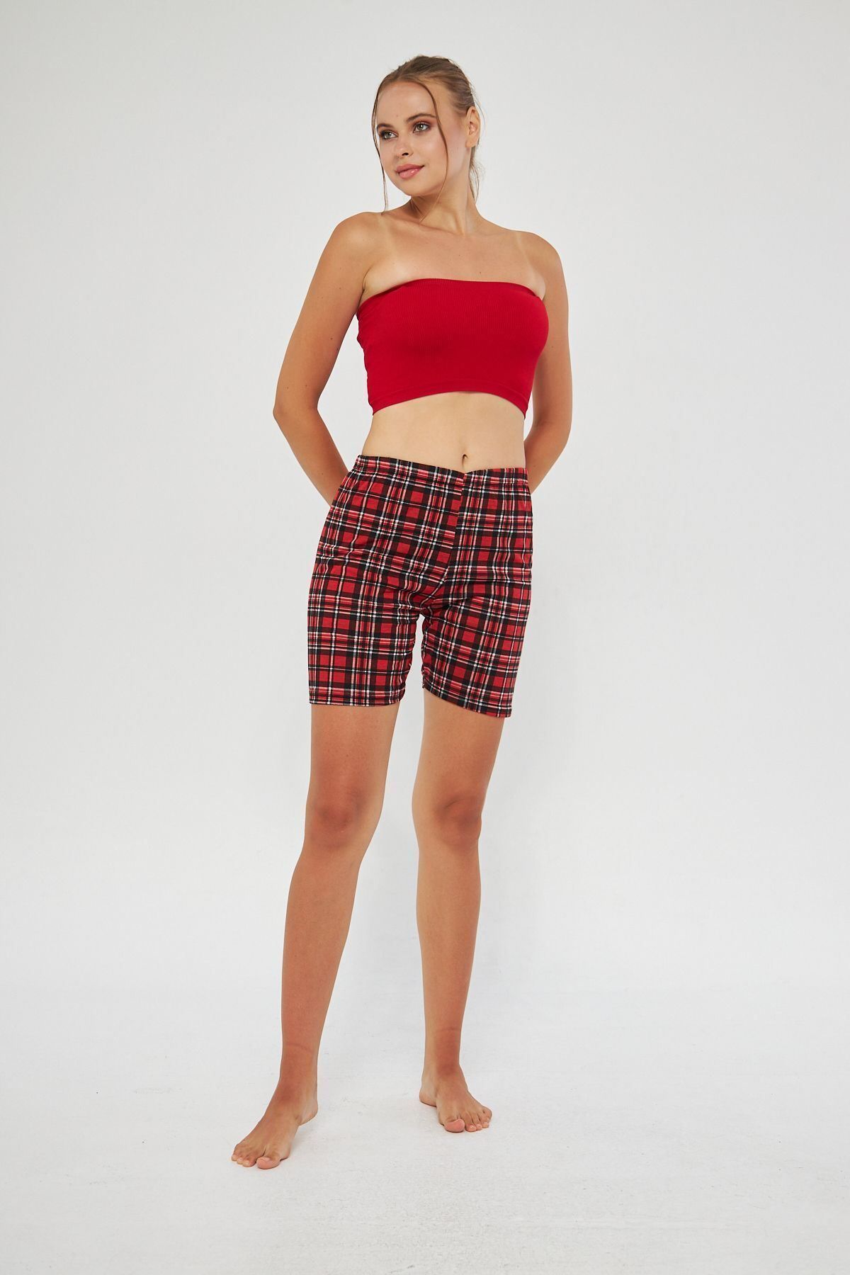 Oyga-Red Plaid Patterned Women's Pajamas - Seasonal, Elastic Waist, Casual Wear 3