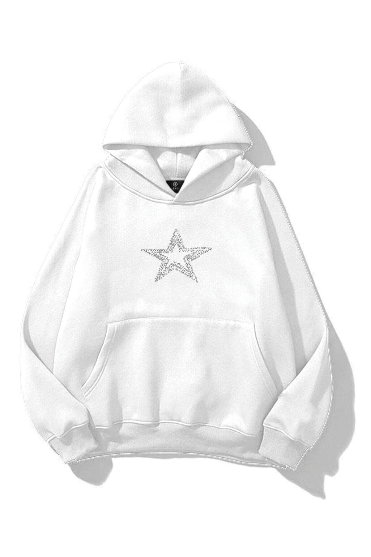 ACTIVE MODA Unisex Star Stroke Taş Baskılı Sweatshirt Beyaz