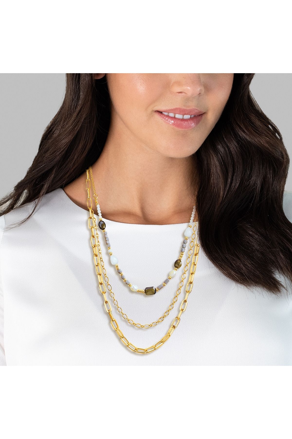 Lulu & Jane-Modeschmuckhalskette Kette gelbgold Muschelkernperle weiß Kristall 2