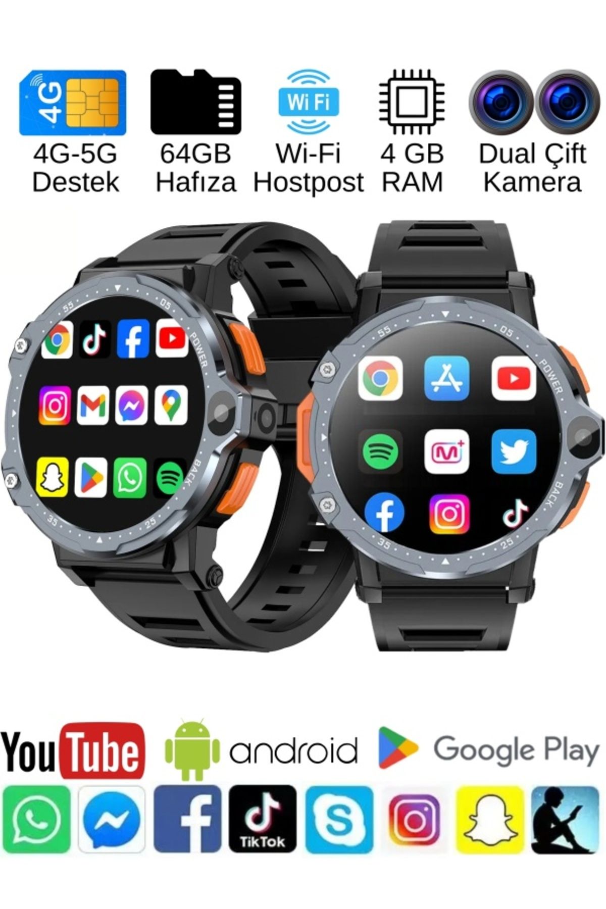 SONREİR Watch PG Yuvarlak 4G LTE 64GB Sim Kartlı Kameralı Akıllı Saat WiFi Çocuk Huawei İphone Uyumlu 8,9,10