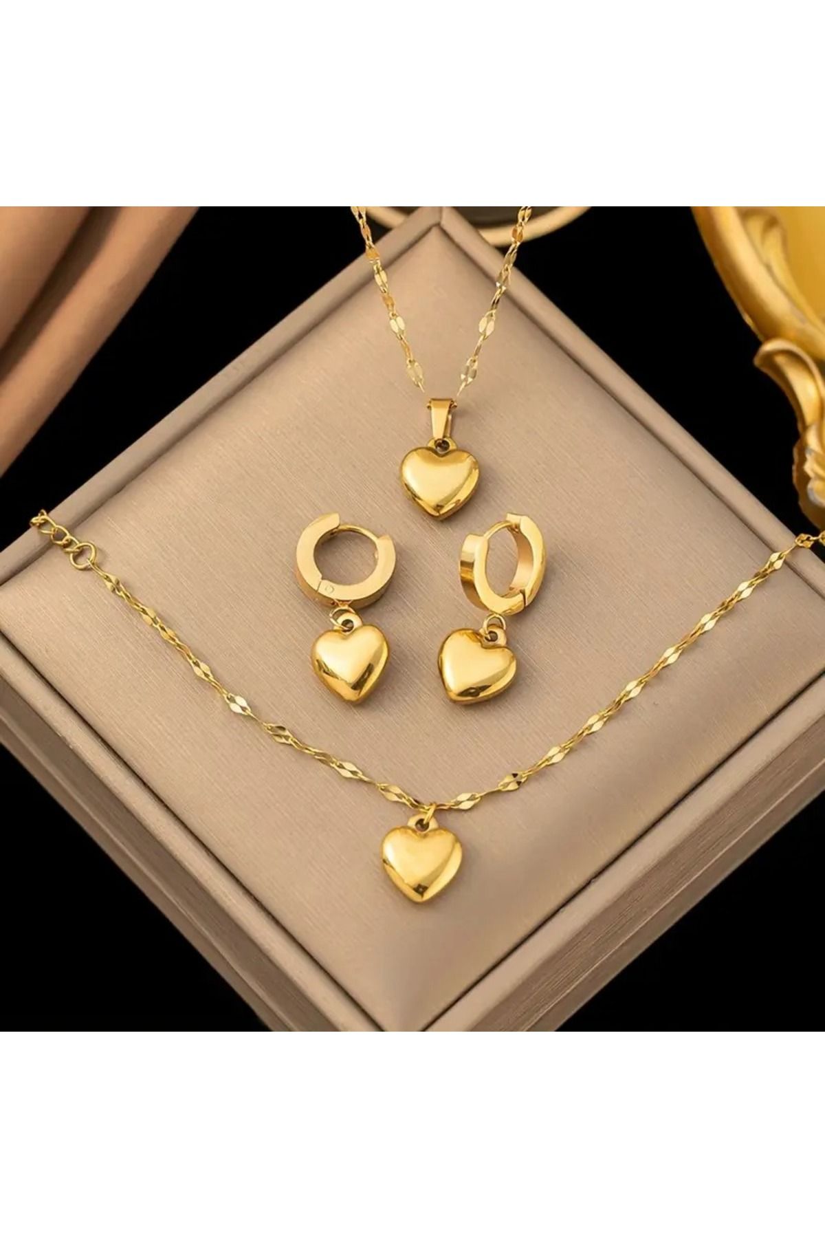 Nilsu Jewellery Accessory Çelik Kalp Detaylı Kolye Bileklik Küpe Seti