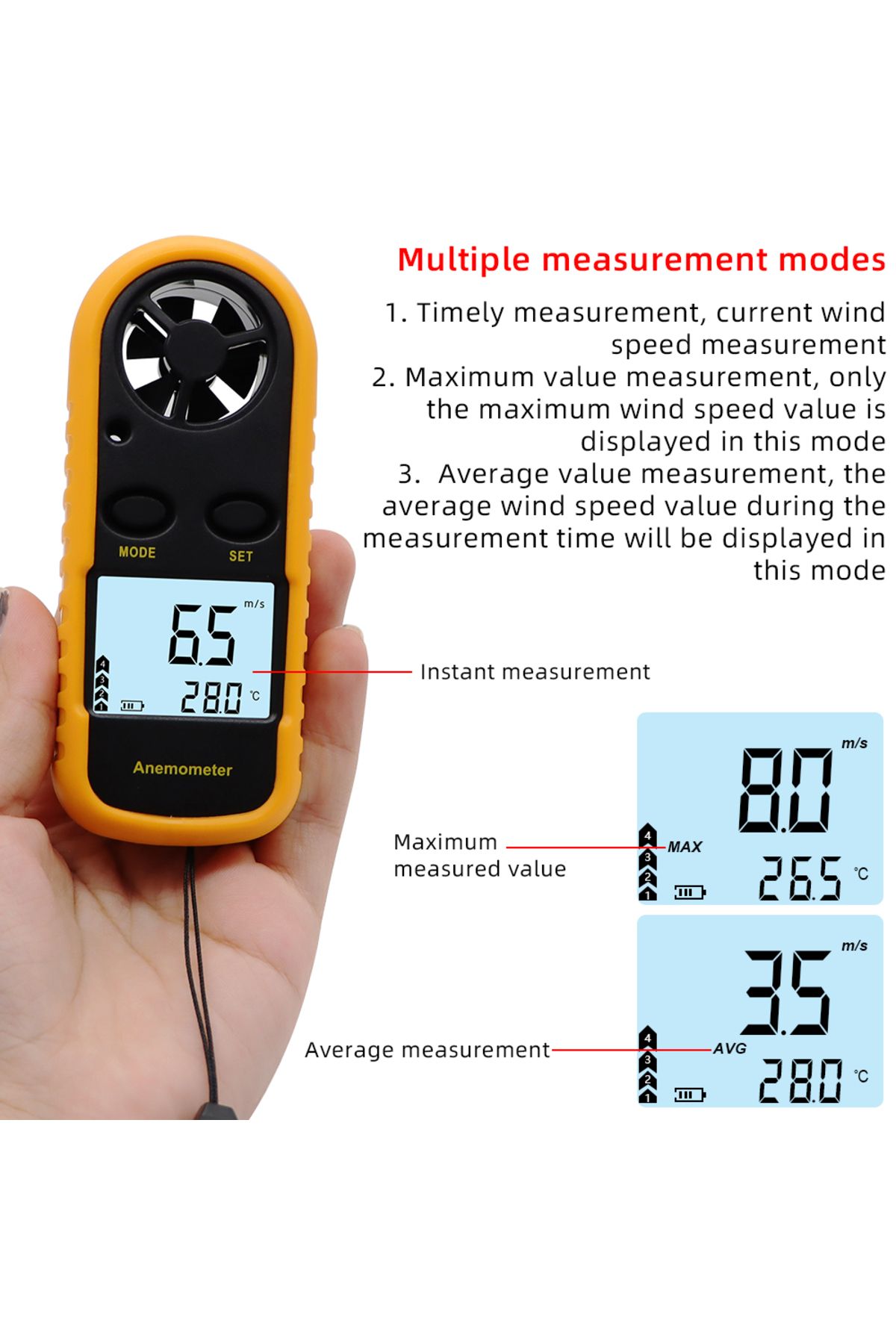 JUANJUAN-1pc Digital Anemometer 0-30m/s Wind Speed Meter Mini Air Velocity Airflow -10°c ~ 45°c Temperature T 6