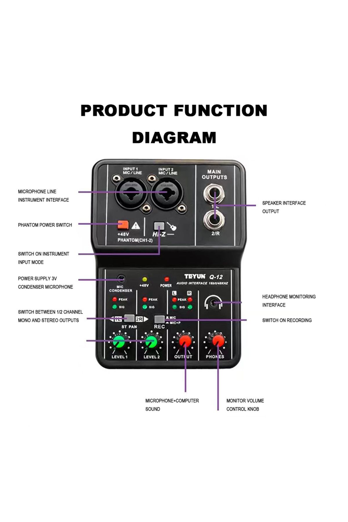Choice-Q12 Teyun Q12 2 Channels Professional Portable Audio Interface Sound Card Console Mini Usb Mixer For 4