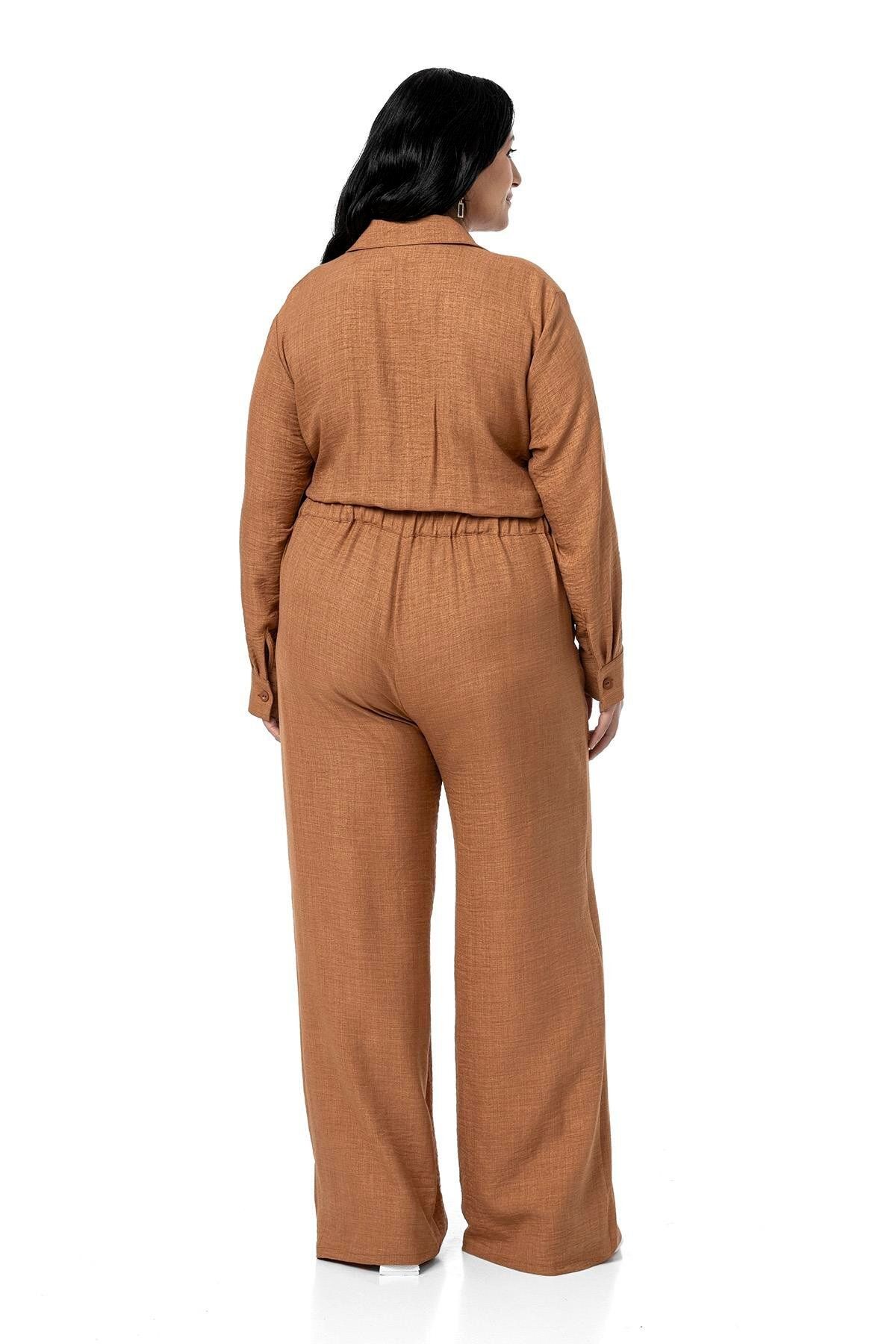 DISENTIS MODEST-Large Size Wide Leg Cinnamon Jumpsuit with Tunnel Waist and Elastic Back 3
