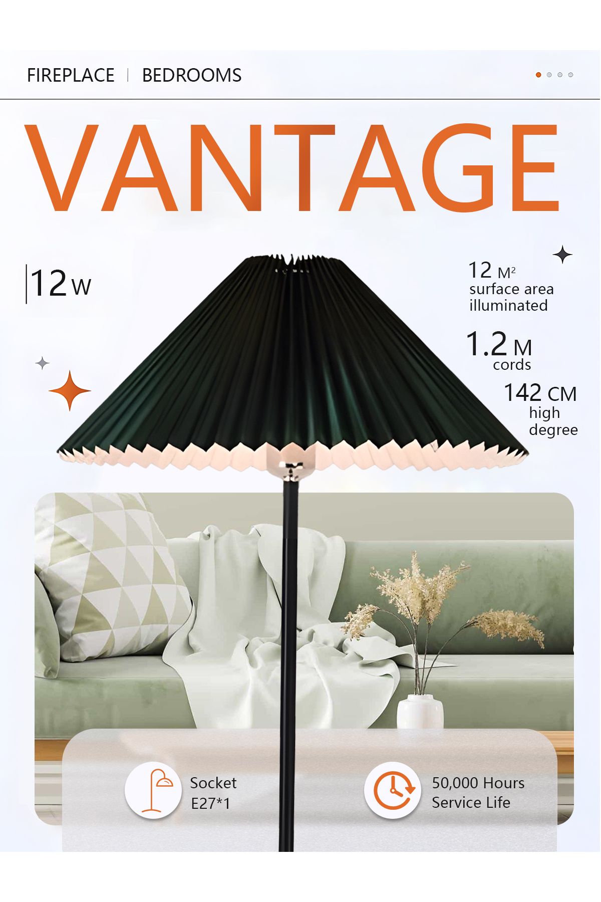 Lumely-Nordic Pleated Floor Lamp,12w 3 Modes,Adjustable 3 Brightness,E27,Green Lampshade 3