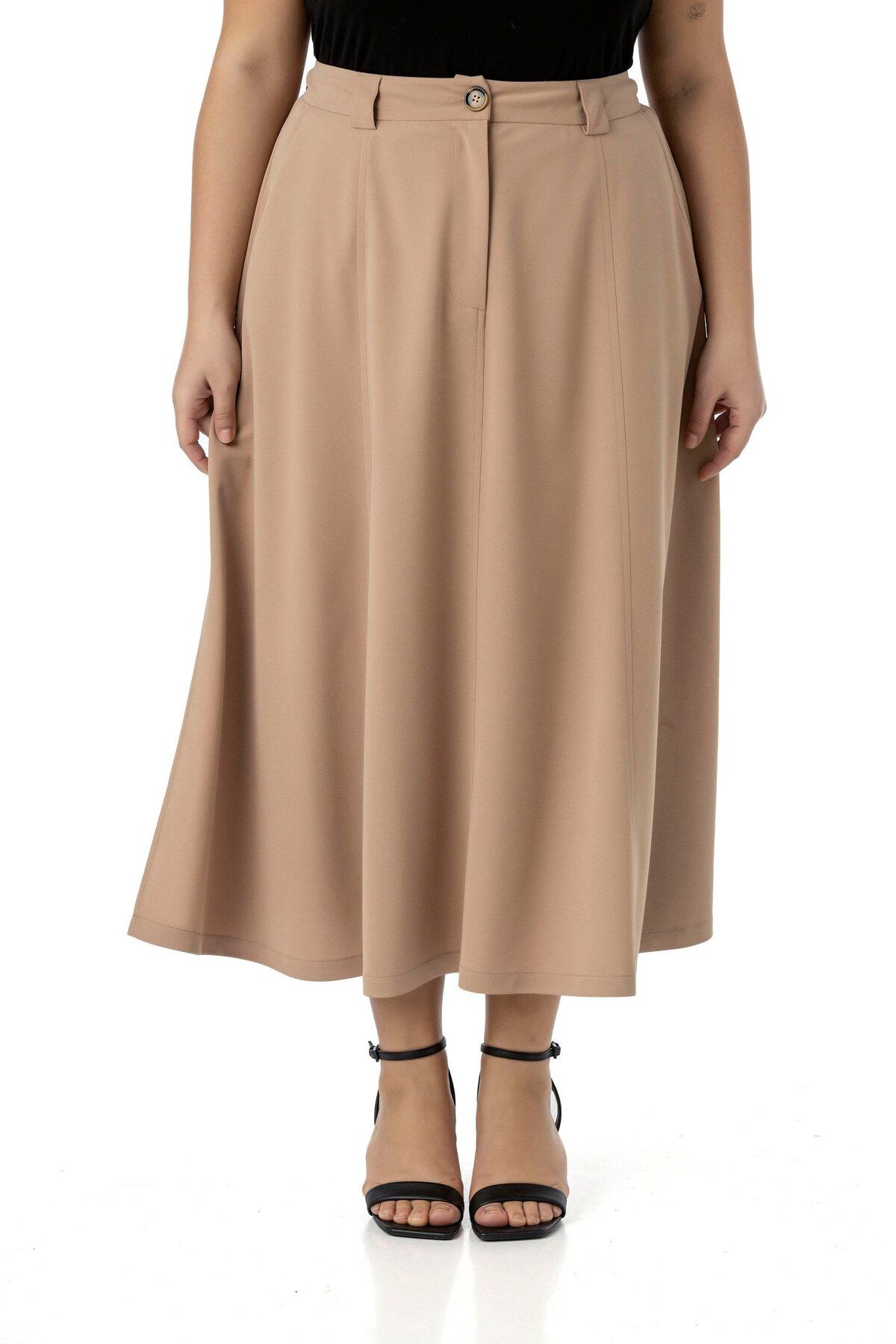 DISENTIS MODEST-Plus Size Side Slit Elastic Waist Back Midi Mink Skirt 2